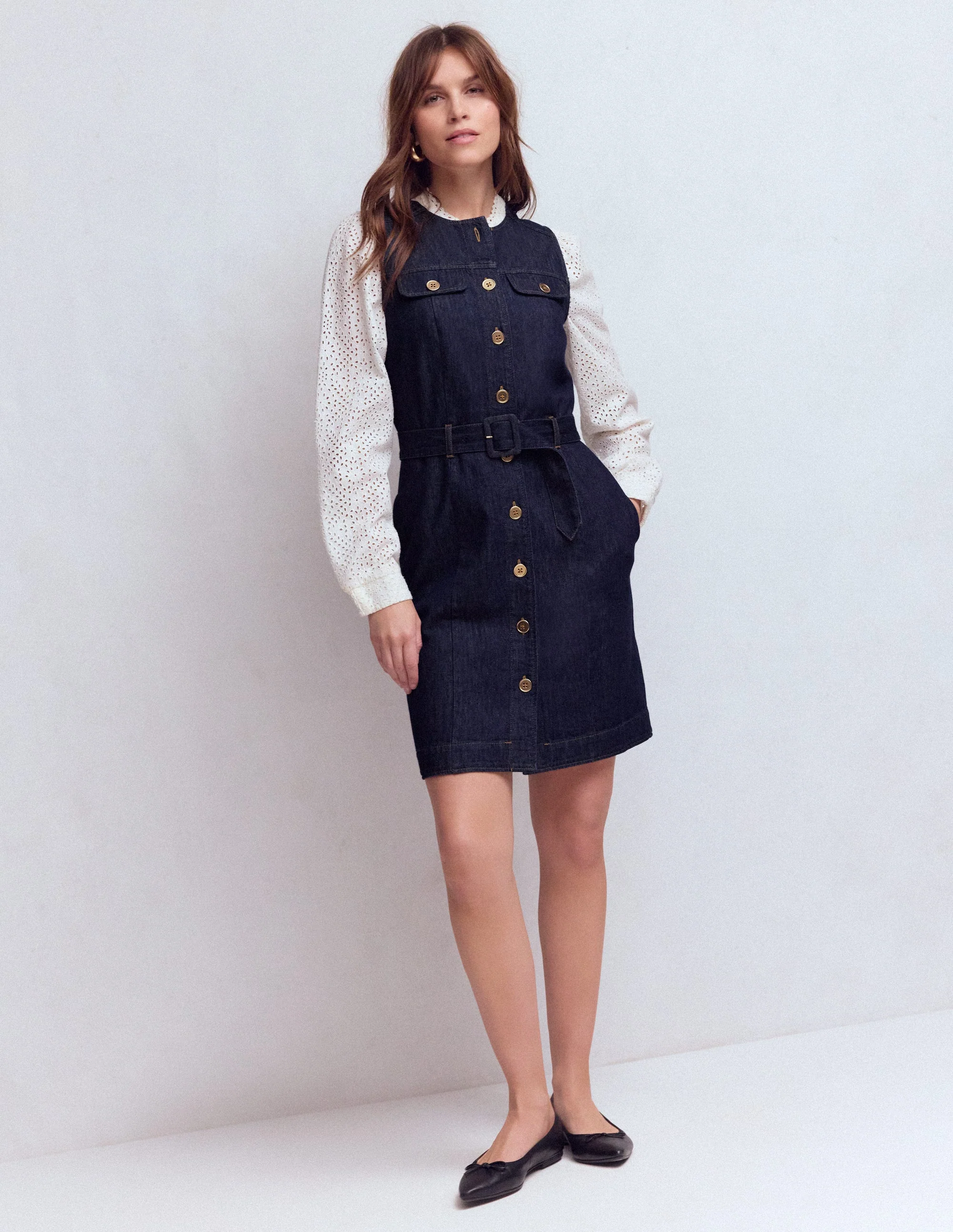 Short Gold Button Denim Dress-Indigo - Image 4