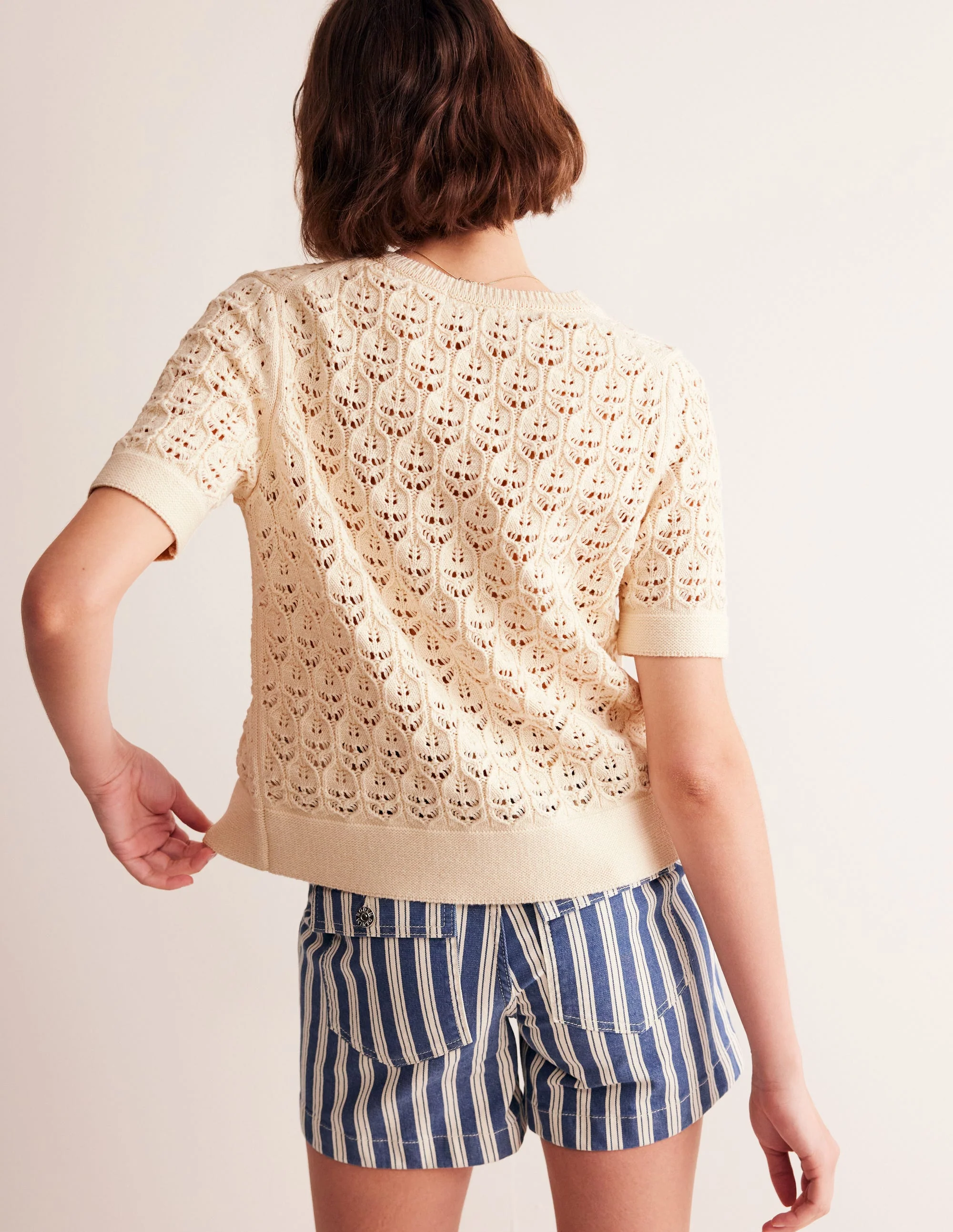 Short Sleeve Crochet Cardigan-Warm Ivory - Image 3