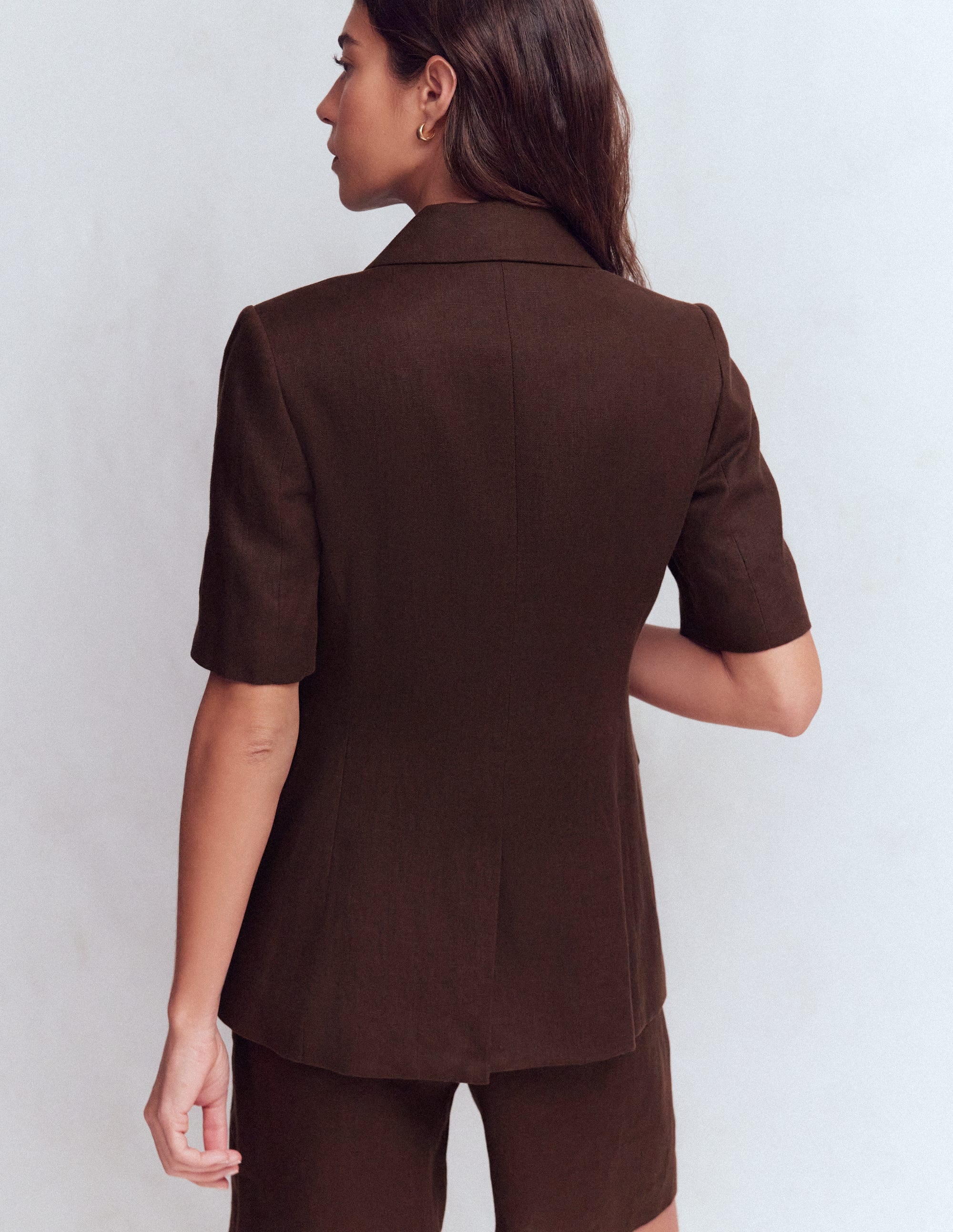 Short Sleeve Linen Blazer-Bitter Chocolate - Image 3