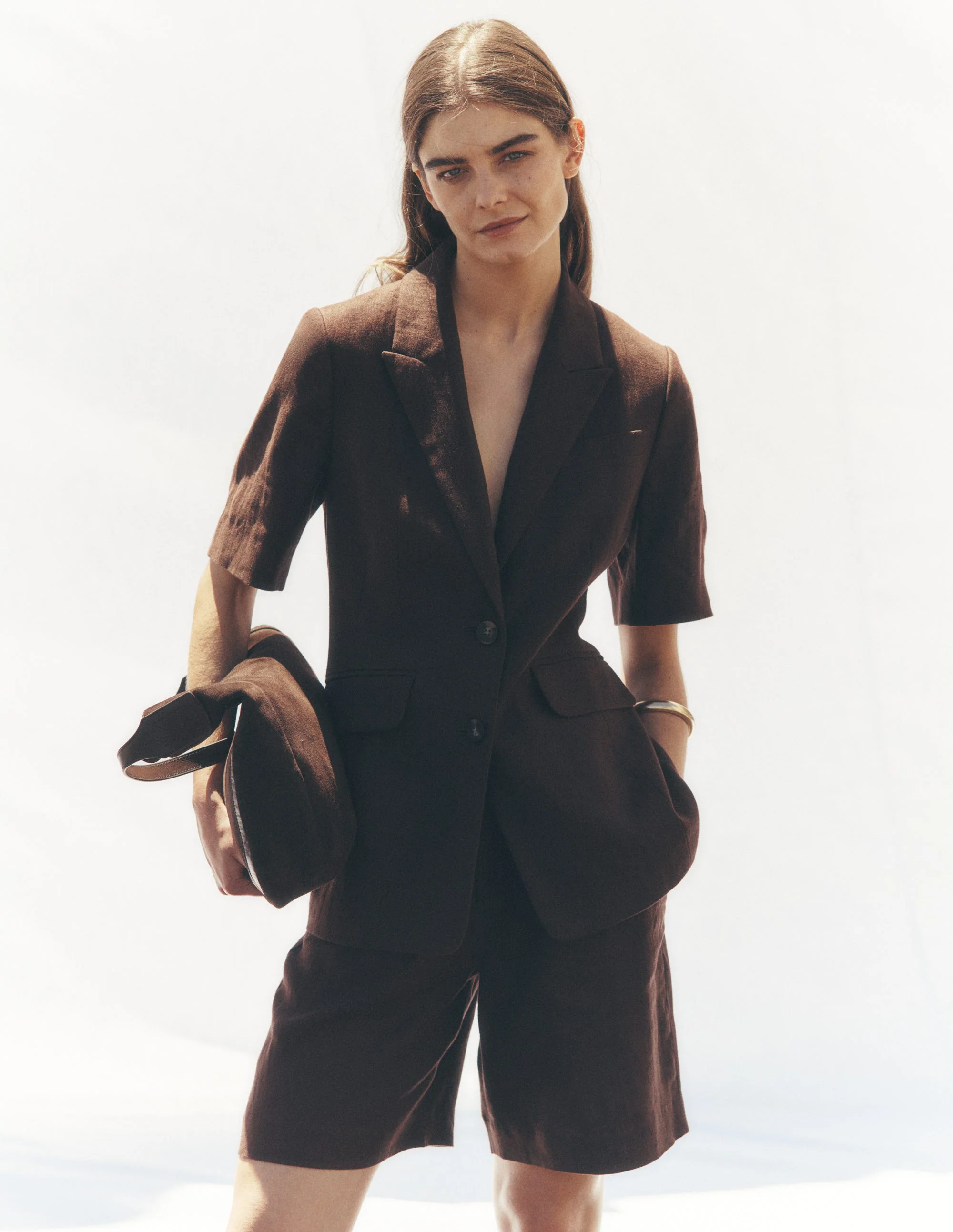 Short Sleeve Linen Blazer-Bitter Chocolate - Image 6
