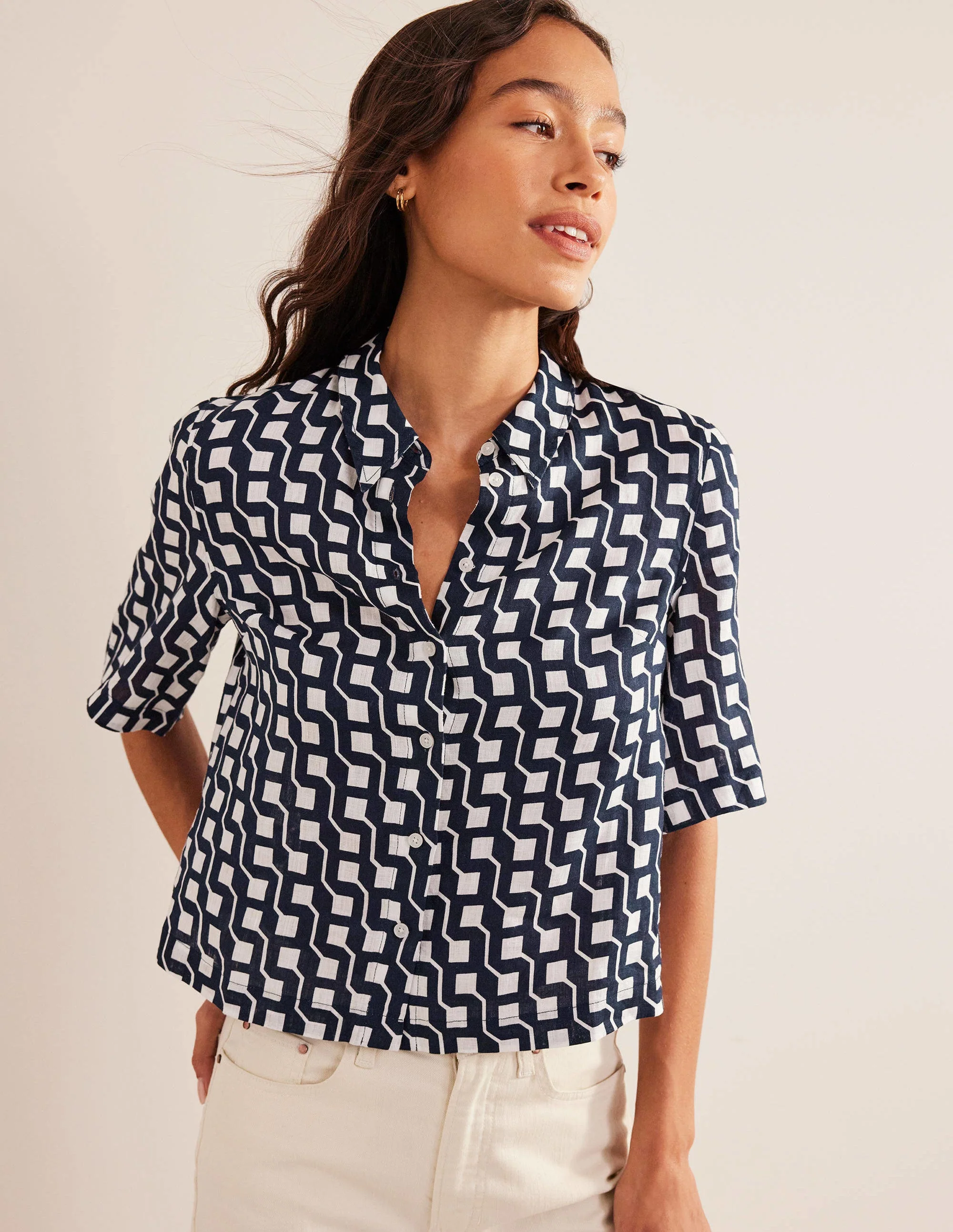 Short Sleeve Linen Shirt-French Navy, Cube Geo