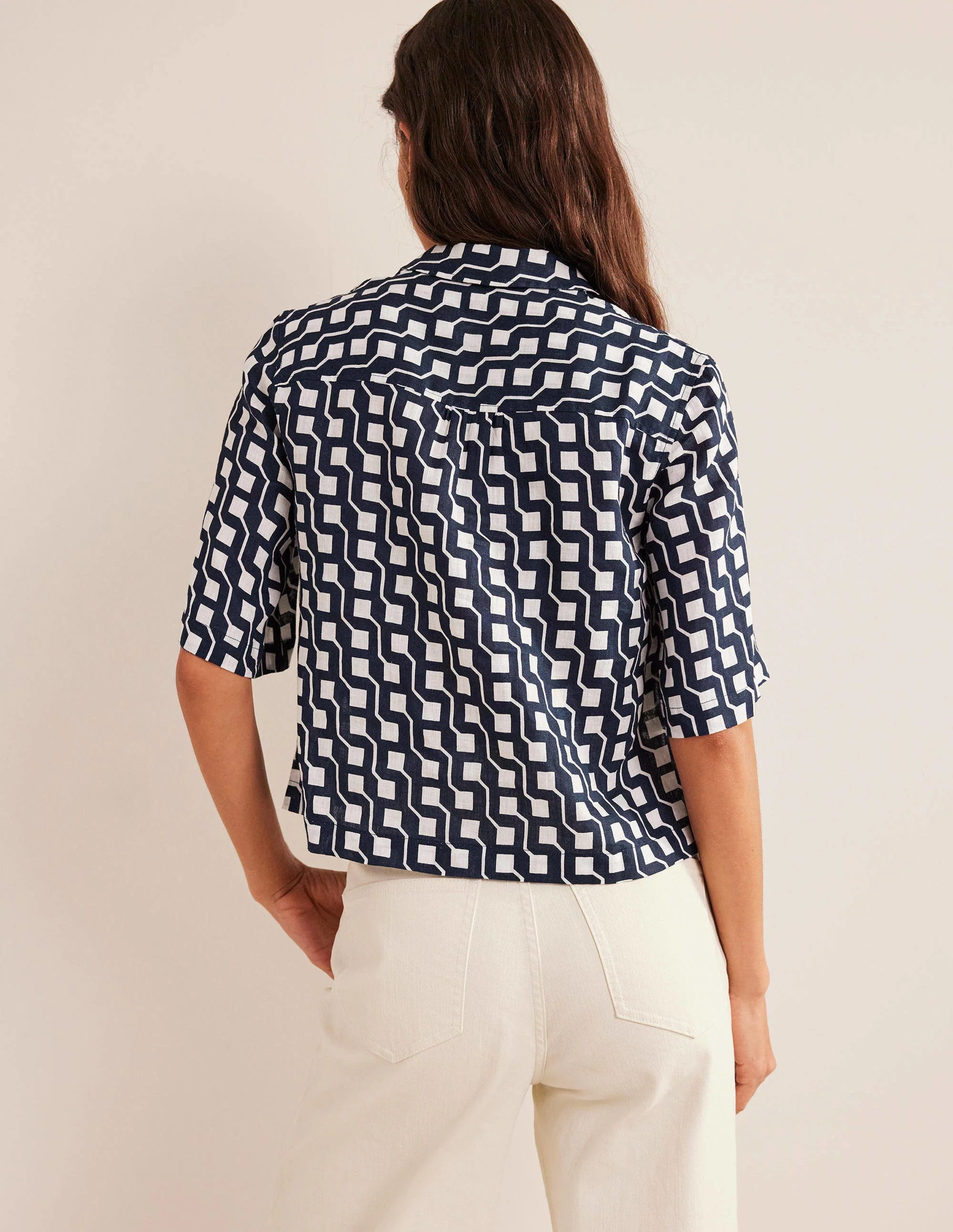 Short Sleeve Linen Shirt-French Navy, Cube Geo - Image 3
