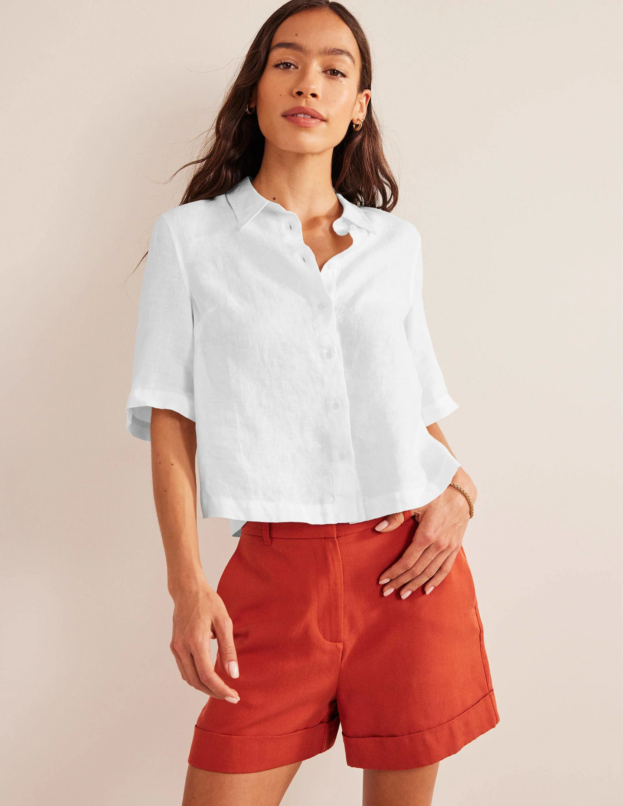 Short Sleeve Linen Shirt-White