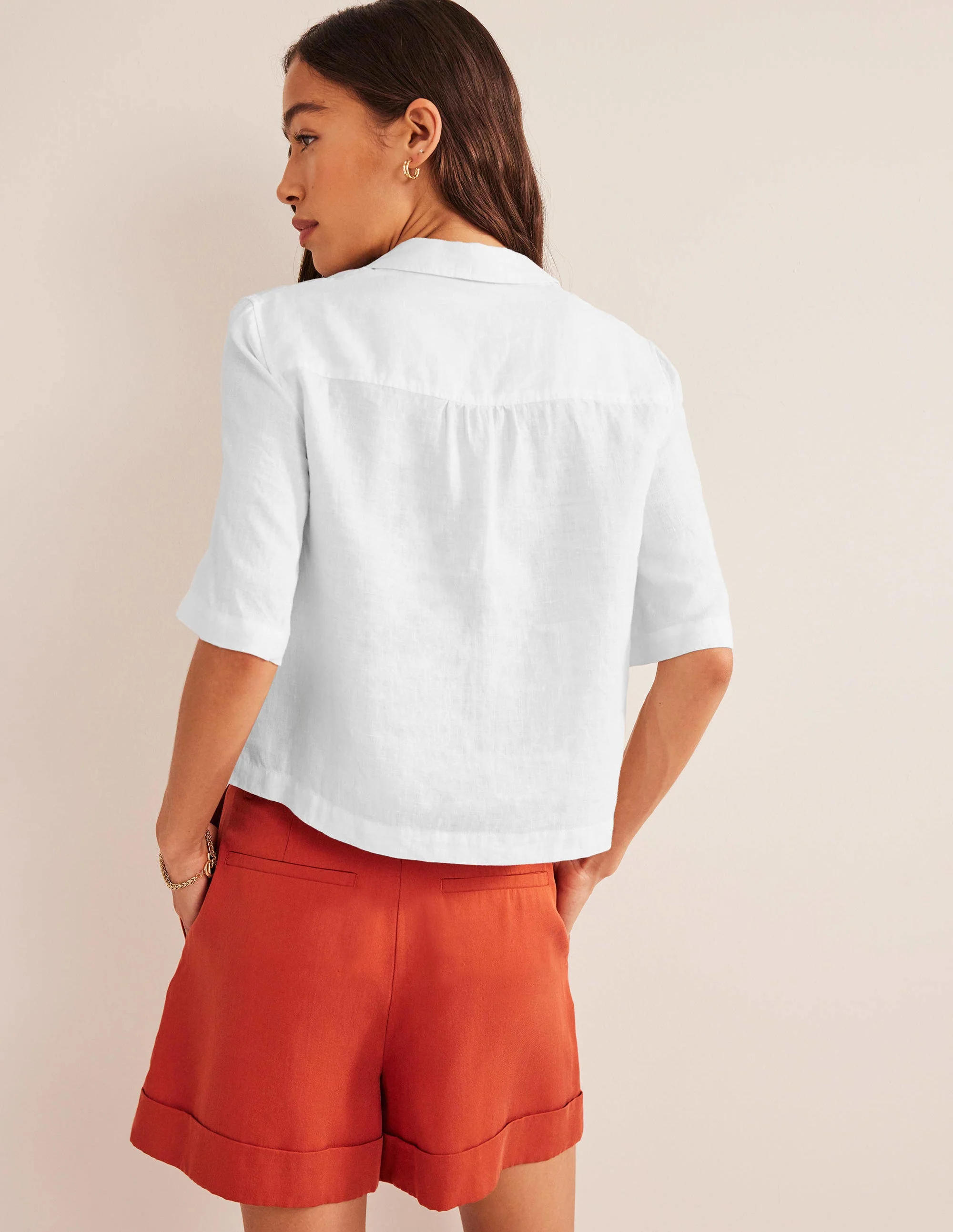 Short Sleeve Linen Shirt-White - Image 3