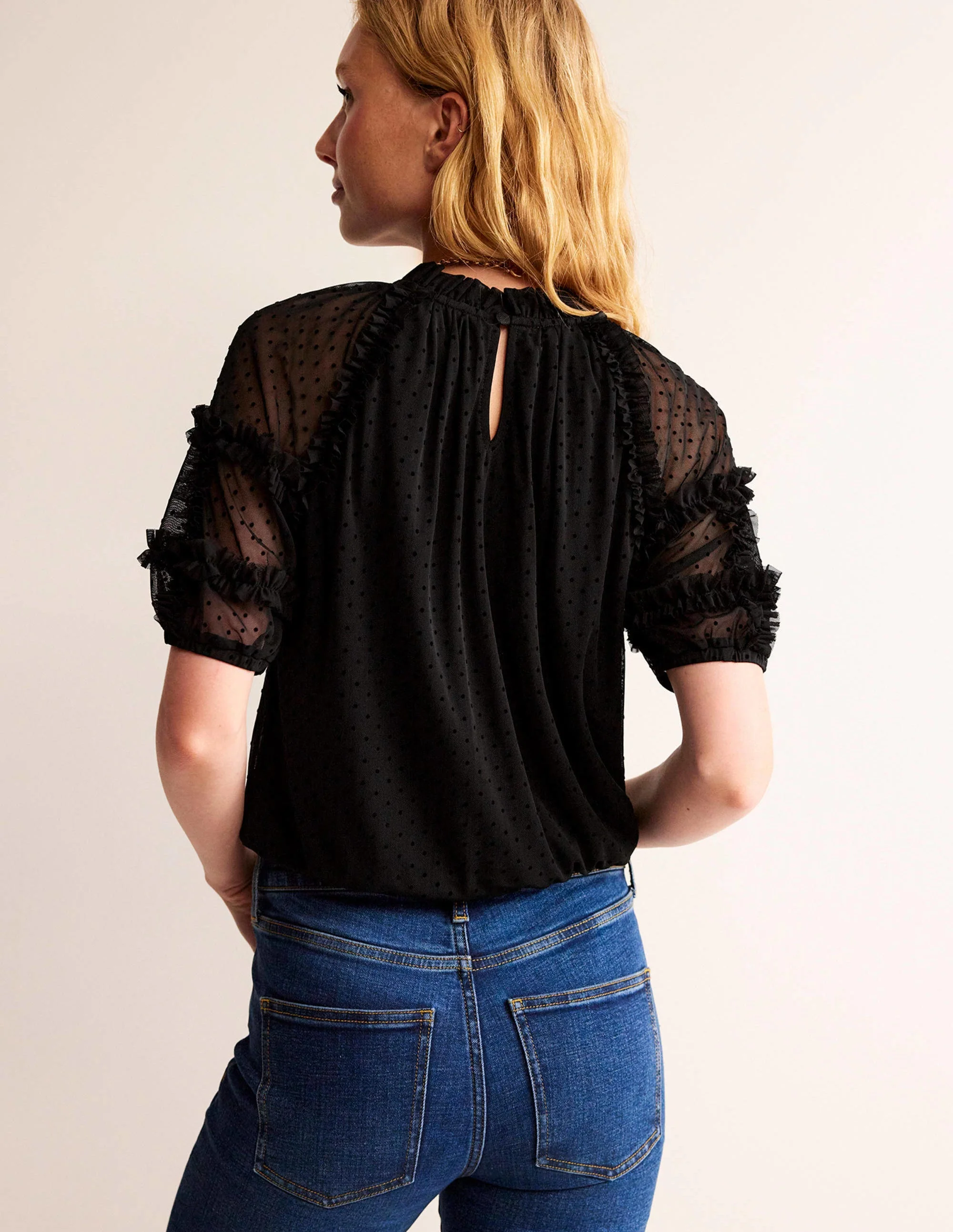 Short-Sleeve Spotty Tulle Top-Black - Image 3