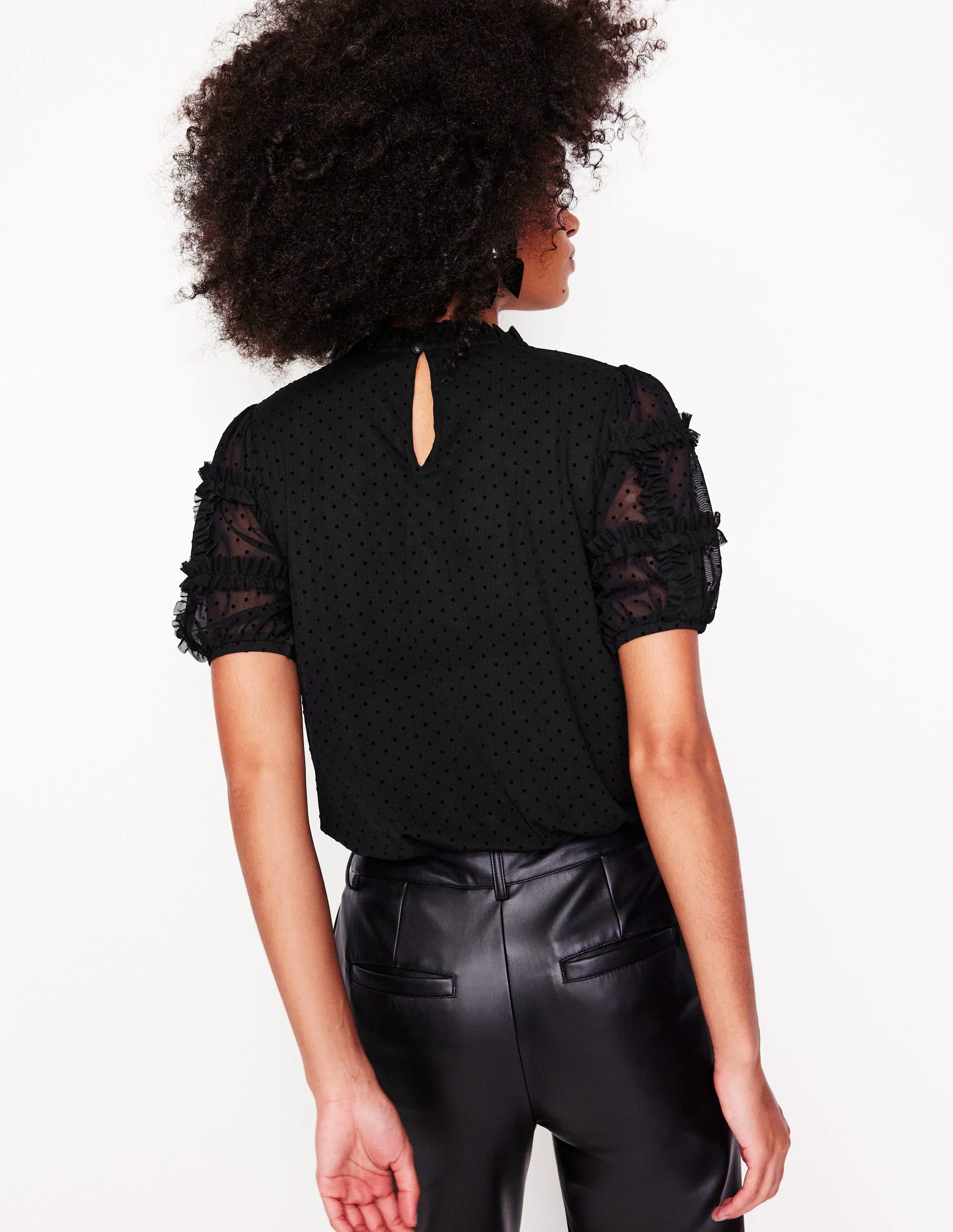 Short-Sleeve Spotty Tulle Top-Black - Image 3