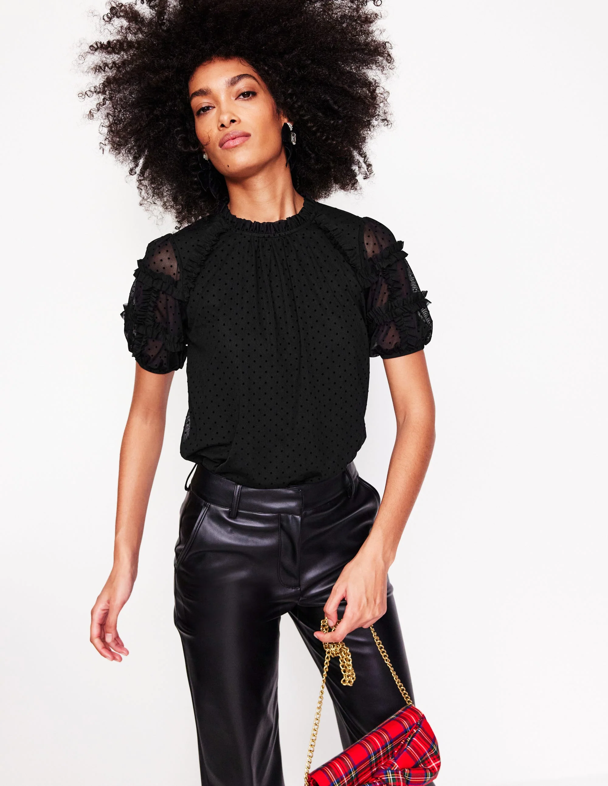 Short-Sleeve Spotty Tulle Top-Black - Image 4