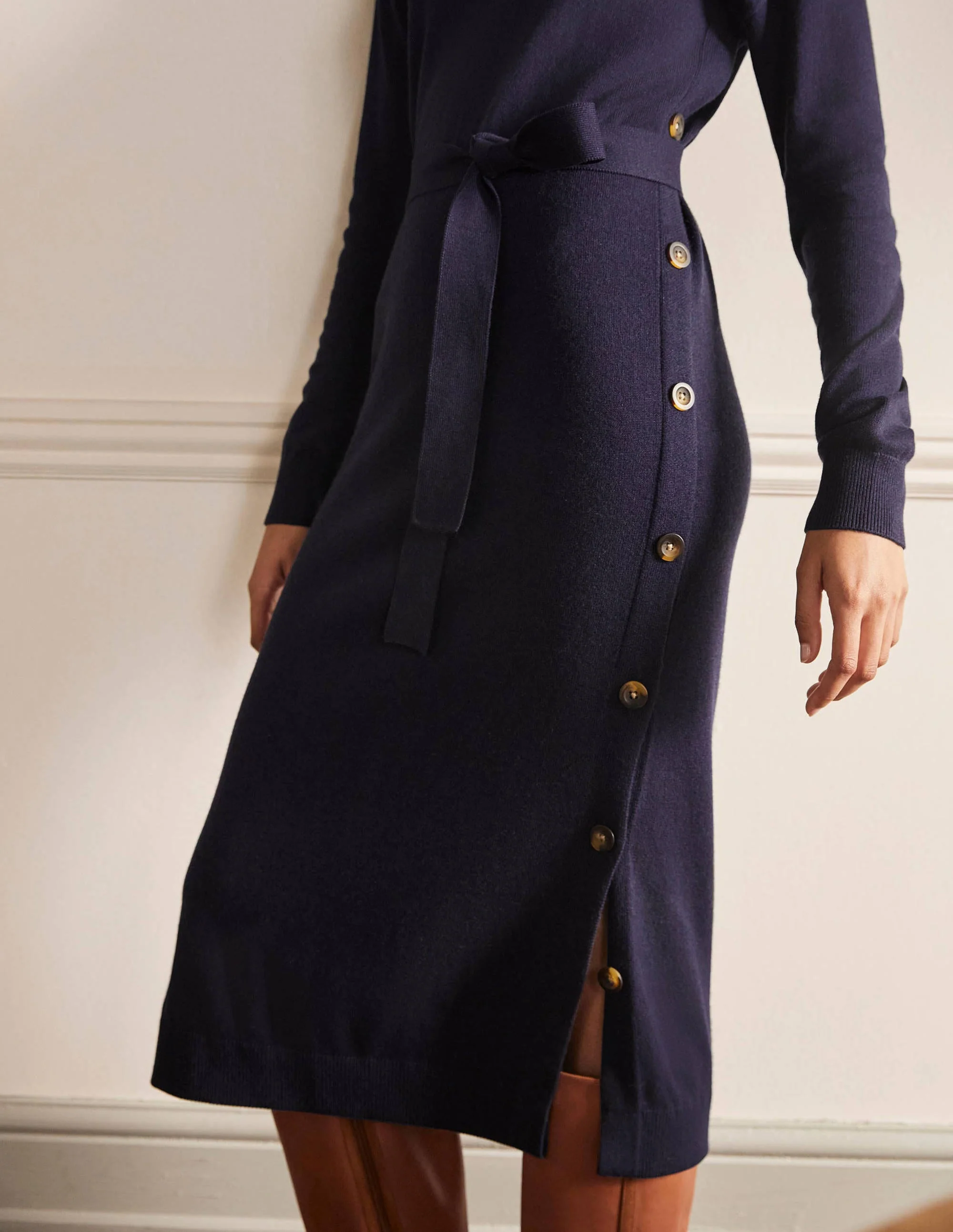 Side Button Knitted Dress-Navy - Image 2