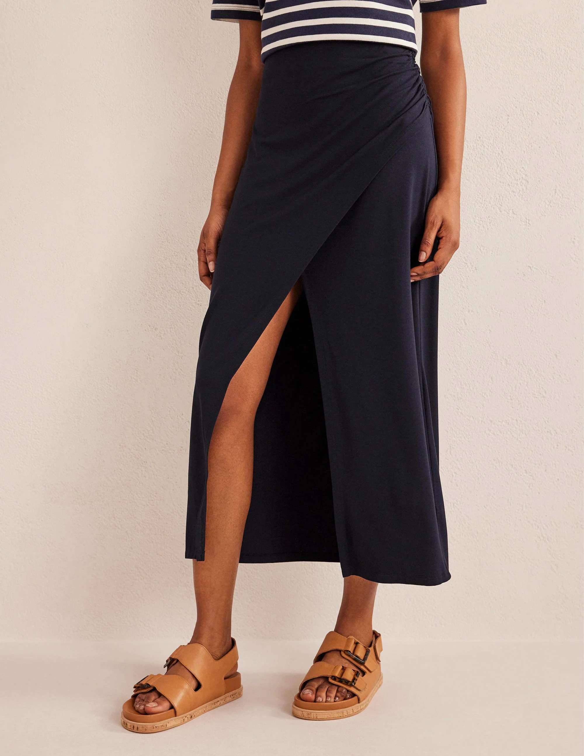 Side Split Jersey Midi Skirt-Navy - Image 4