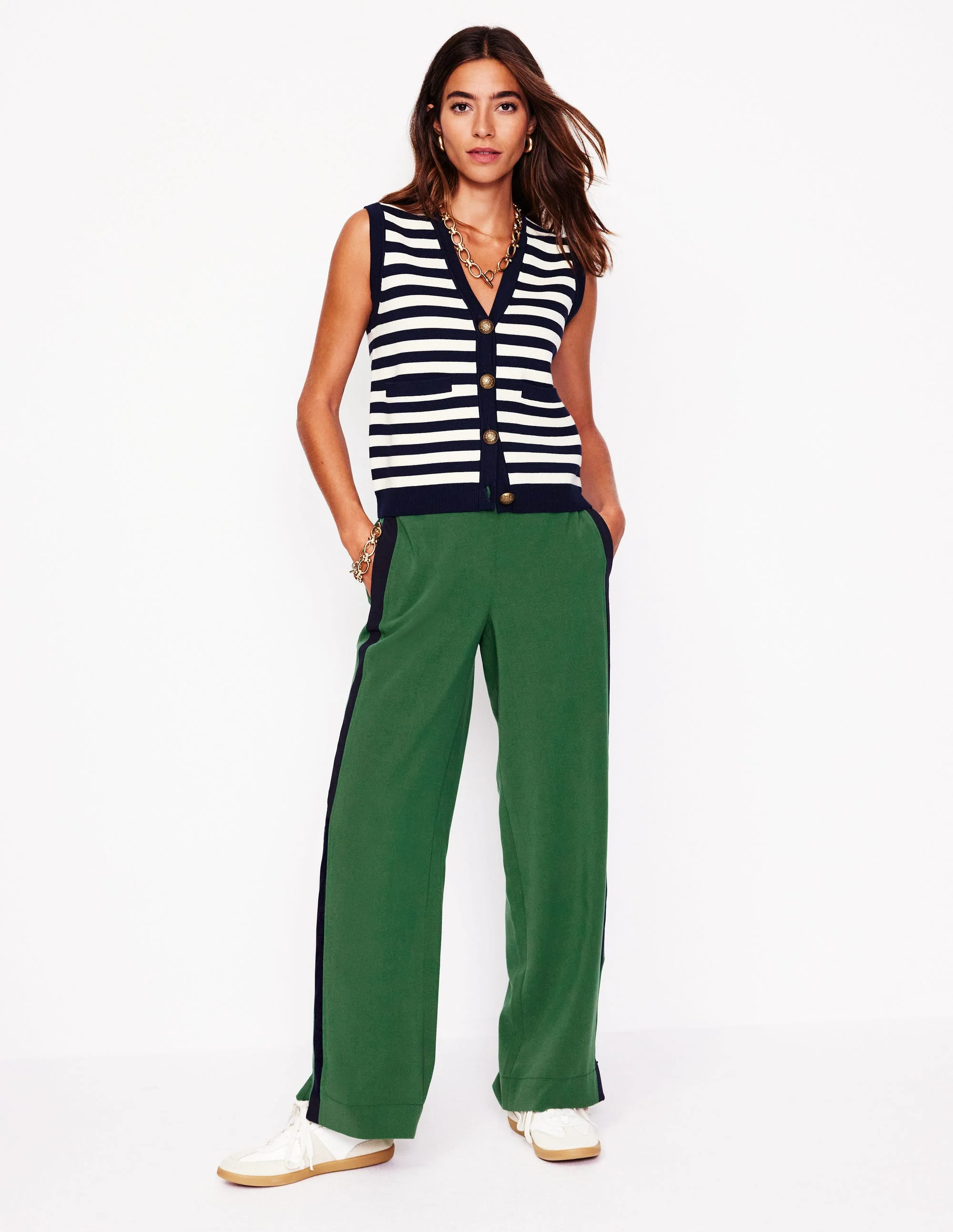 Side Stripe Pull-on Pants-Pine with Navy Stripe