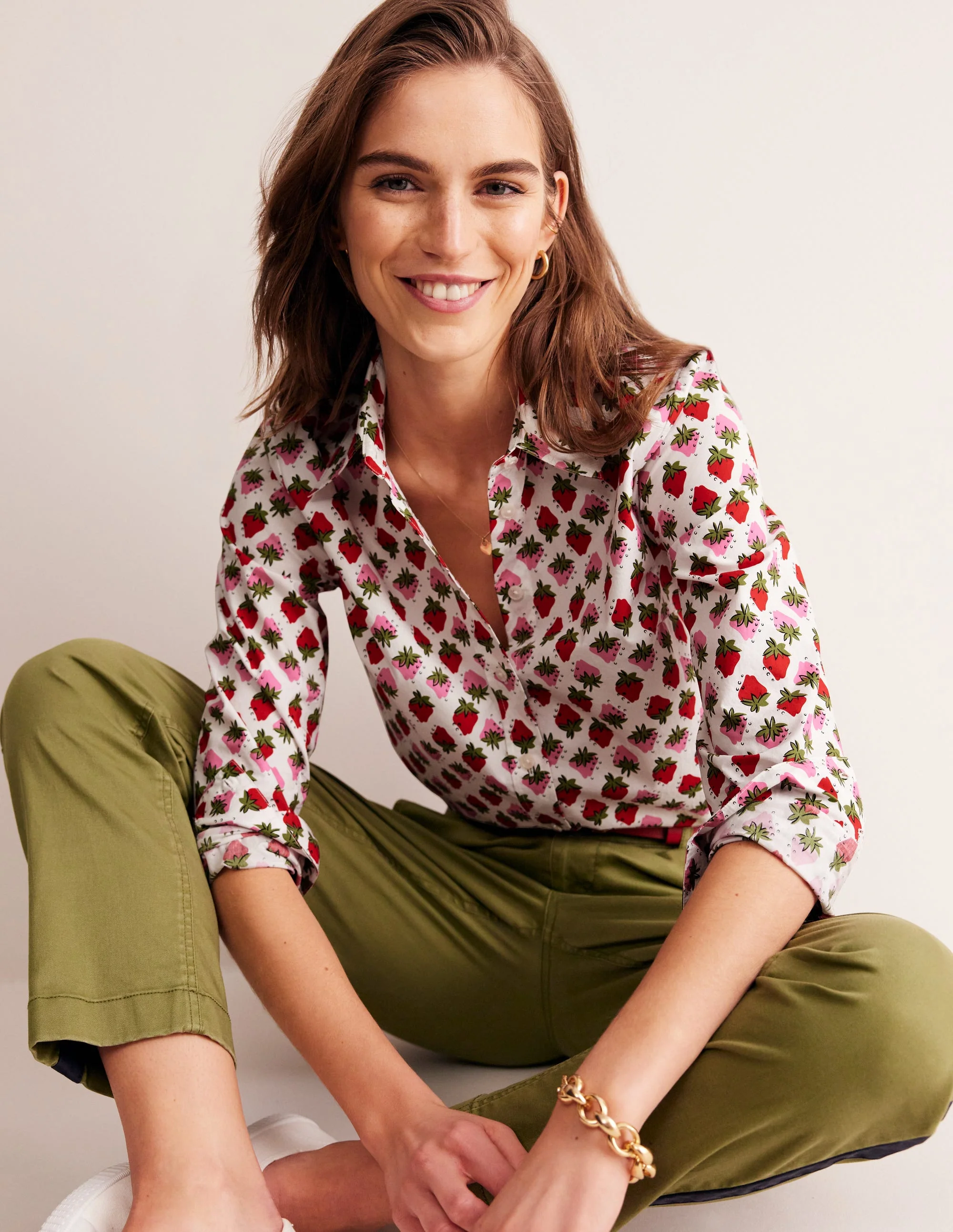 Sienna Cotton Shirt-Ivory, Strawberry Pop