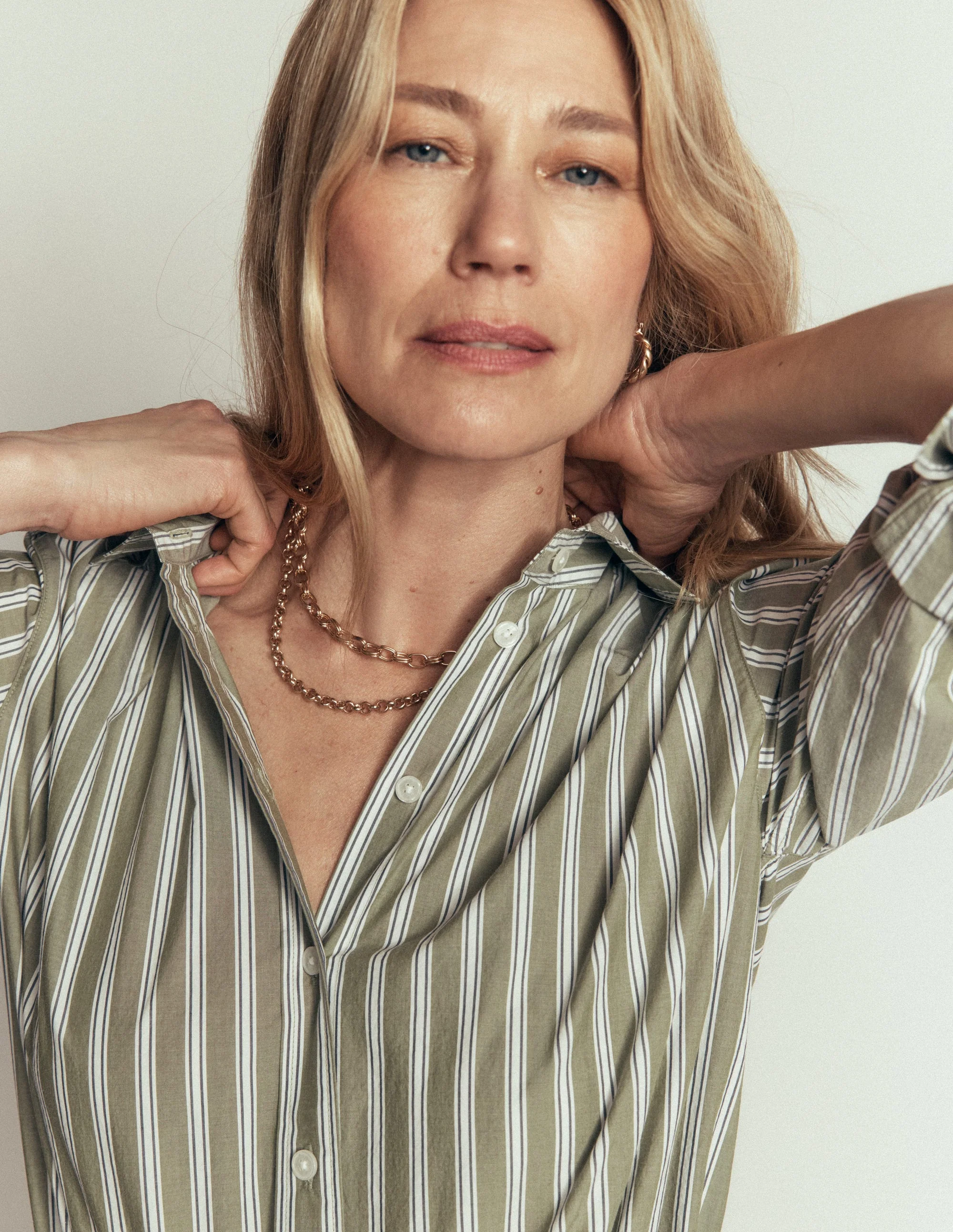 Sienna Cropped Cotton Shirt-Green, White Stripe - Image 6