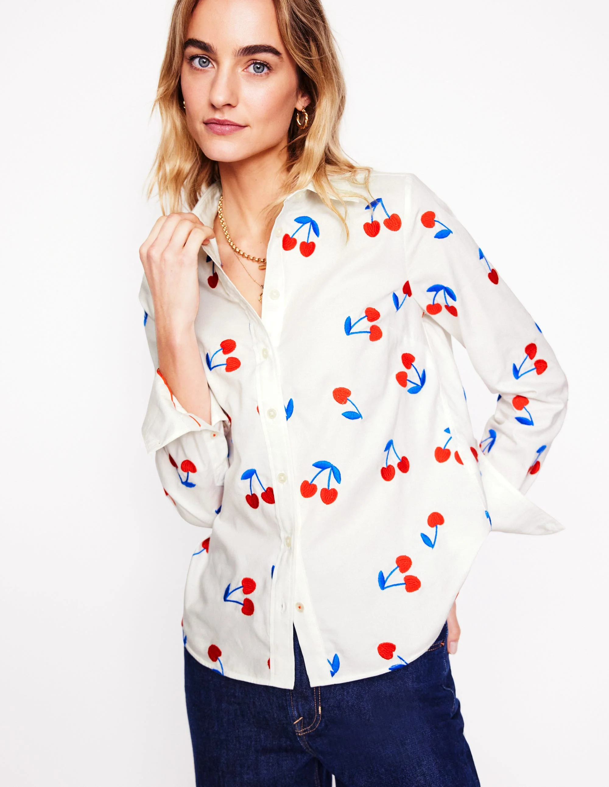 Sienna Interest Cotton Shirt-White, Cherries