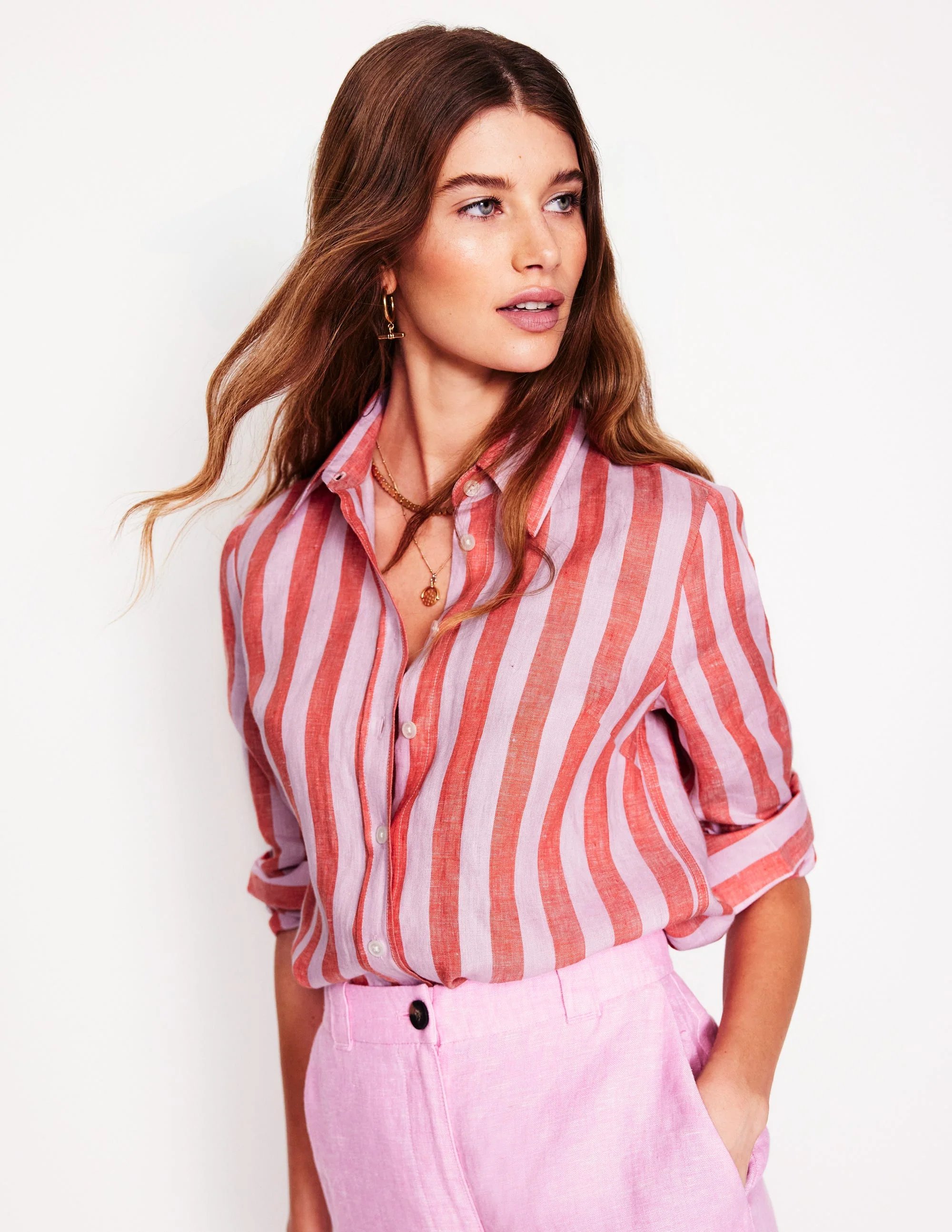 Sienna Linen Shirt-Firecracker and Pink Stripe