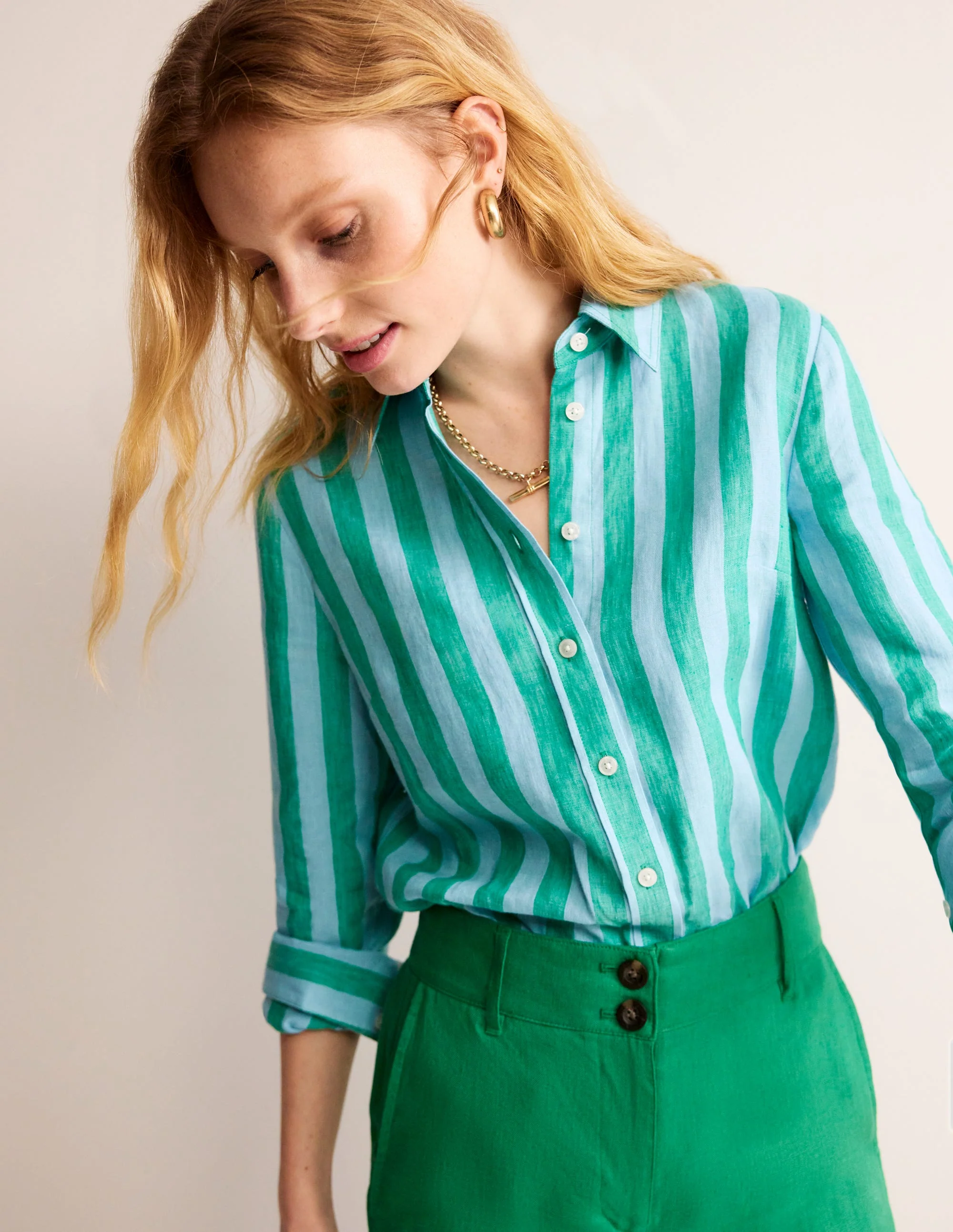 Sienna Linen Shirt-Green, Blue Stripe - Image 2