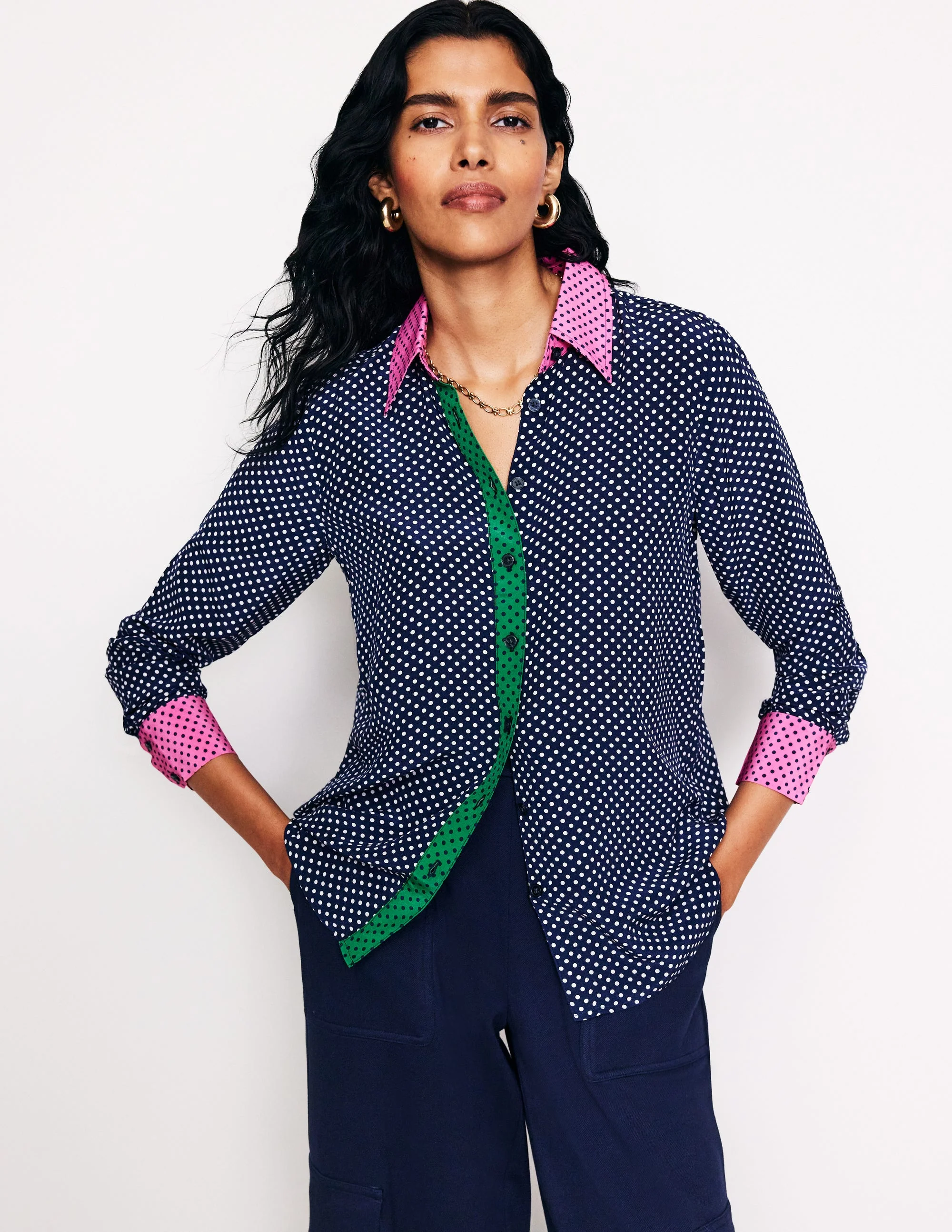 Sienna Silk Shirt-French Navy, Spots - Image 2