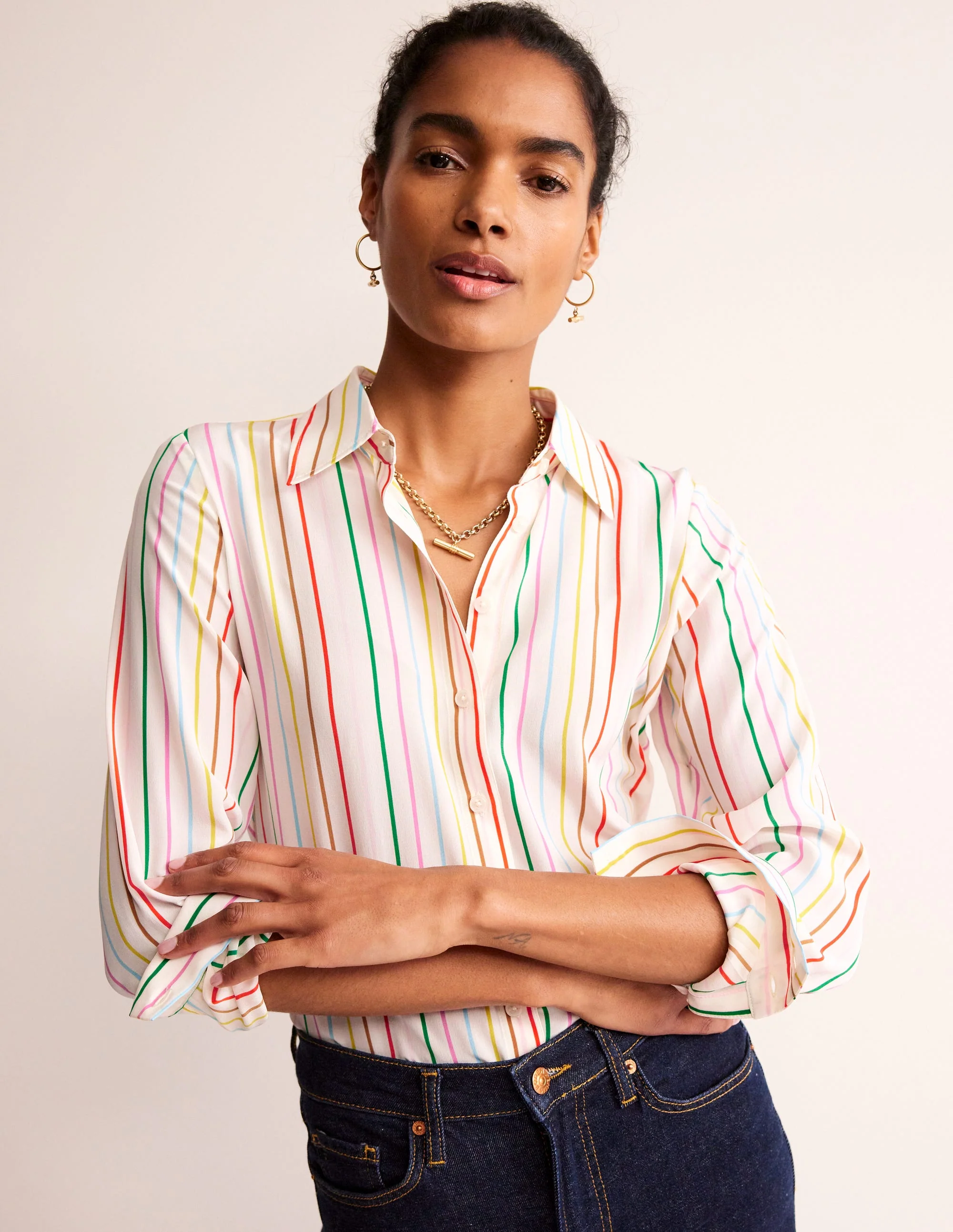 Sienna Silk Shirt-Ivory, Multi Stripe - Image 2