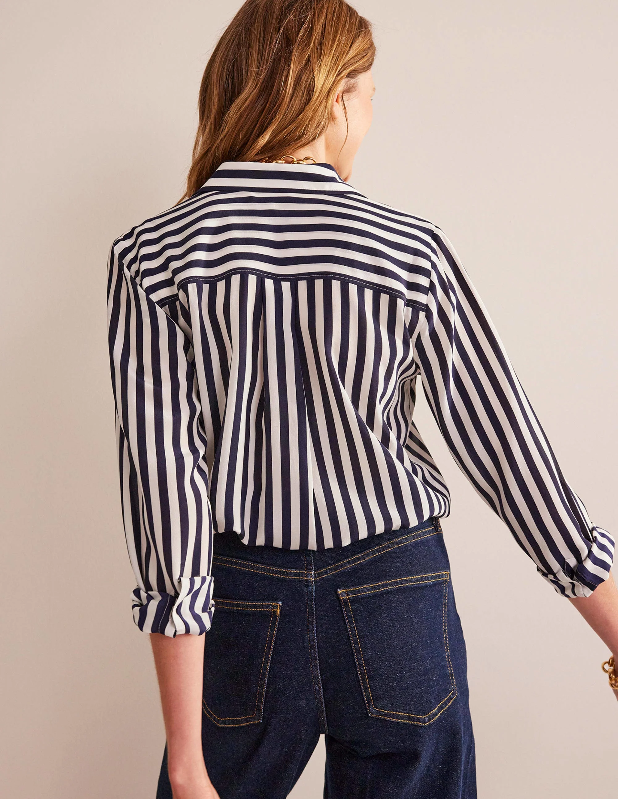 Sienna Silk Shirt-Ivory, Navy Stripe - Image 3