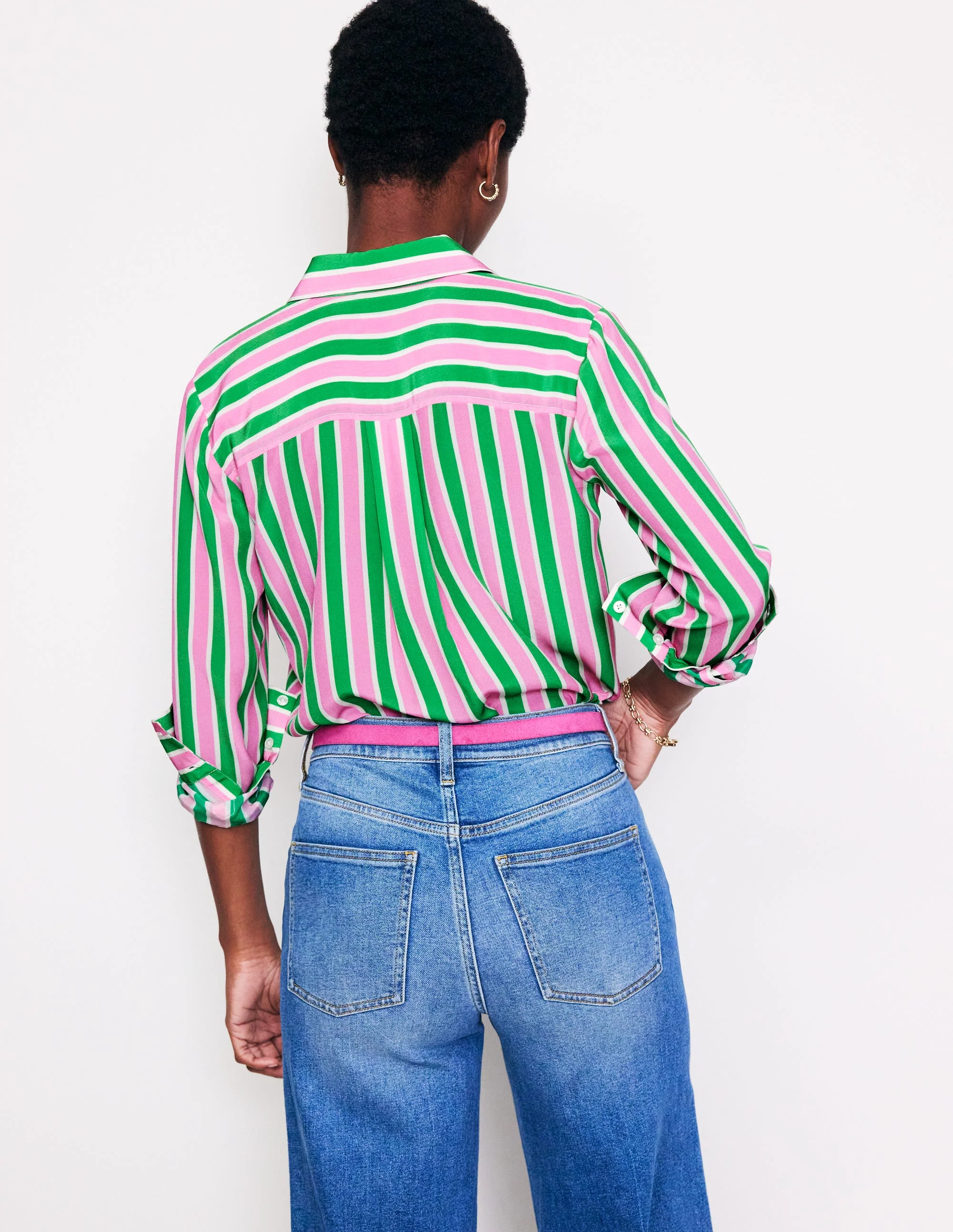 Sienna Silk Shirt-Mauve and Green Stripe - Image 3