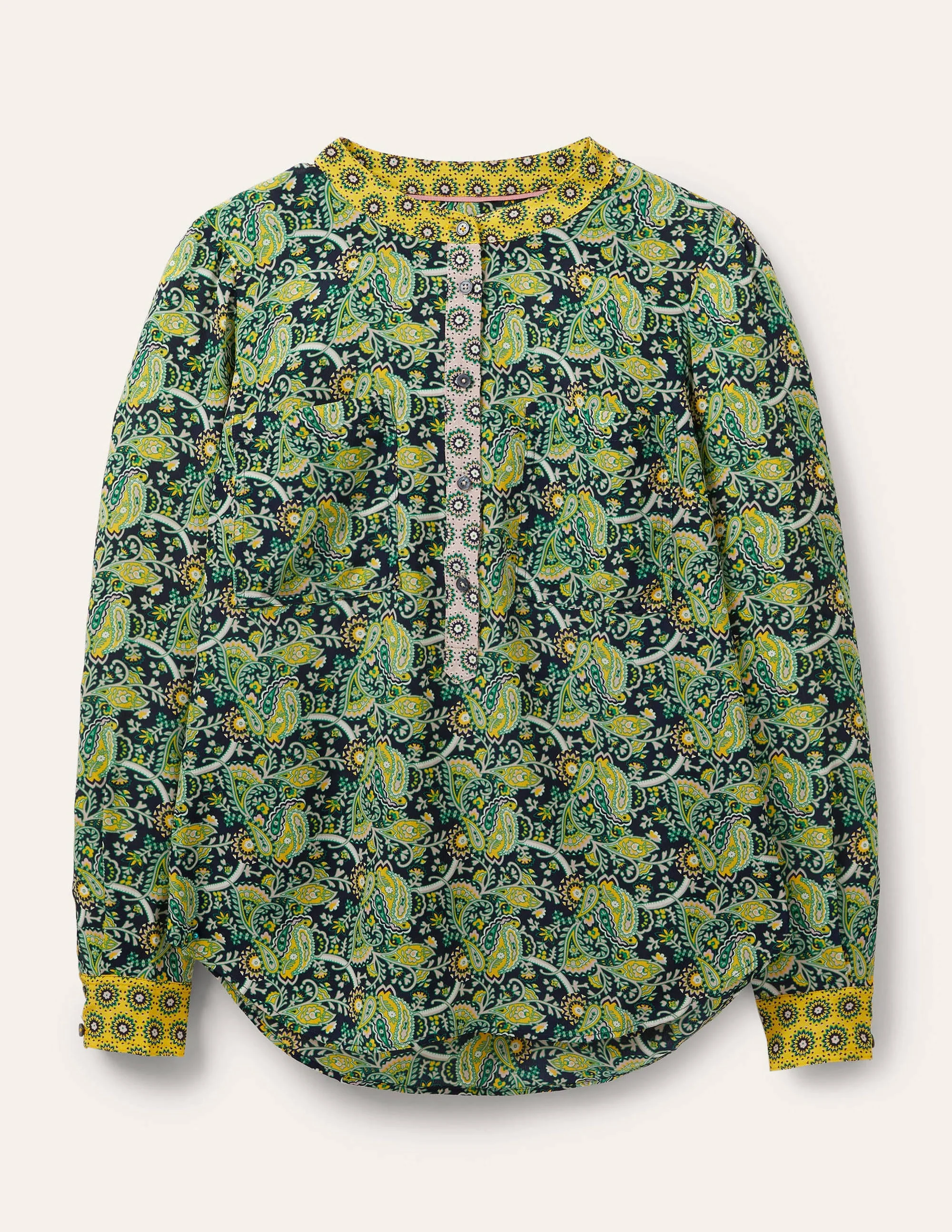 Silk Collarless Blouse-Honey Gold/ French Navy - Image 5