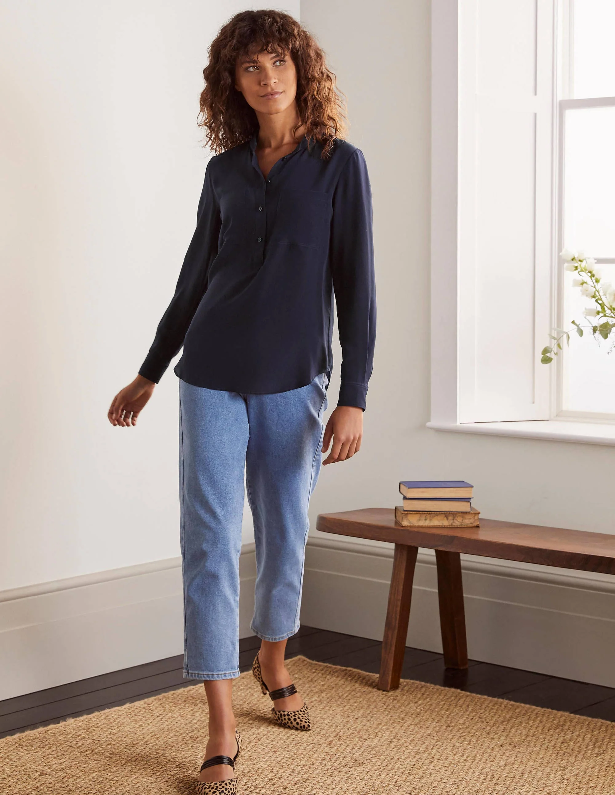 Silk Collarless Blouse-Navy