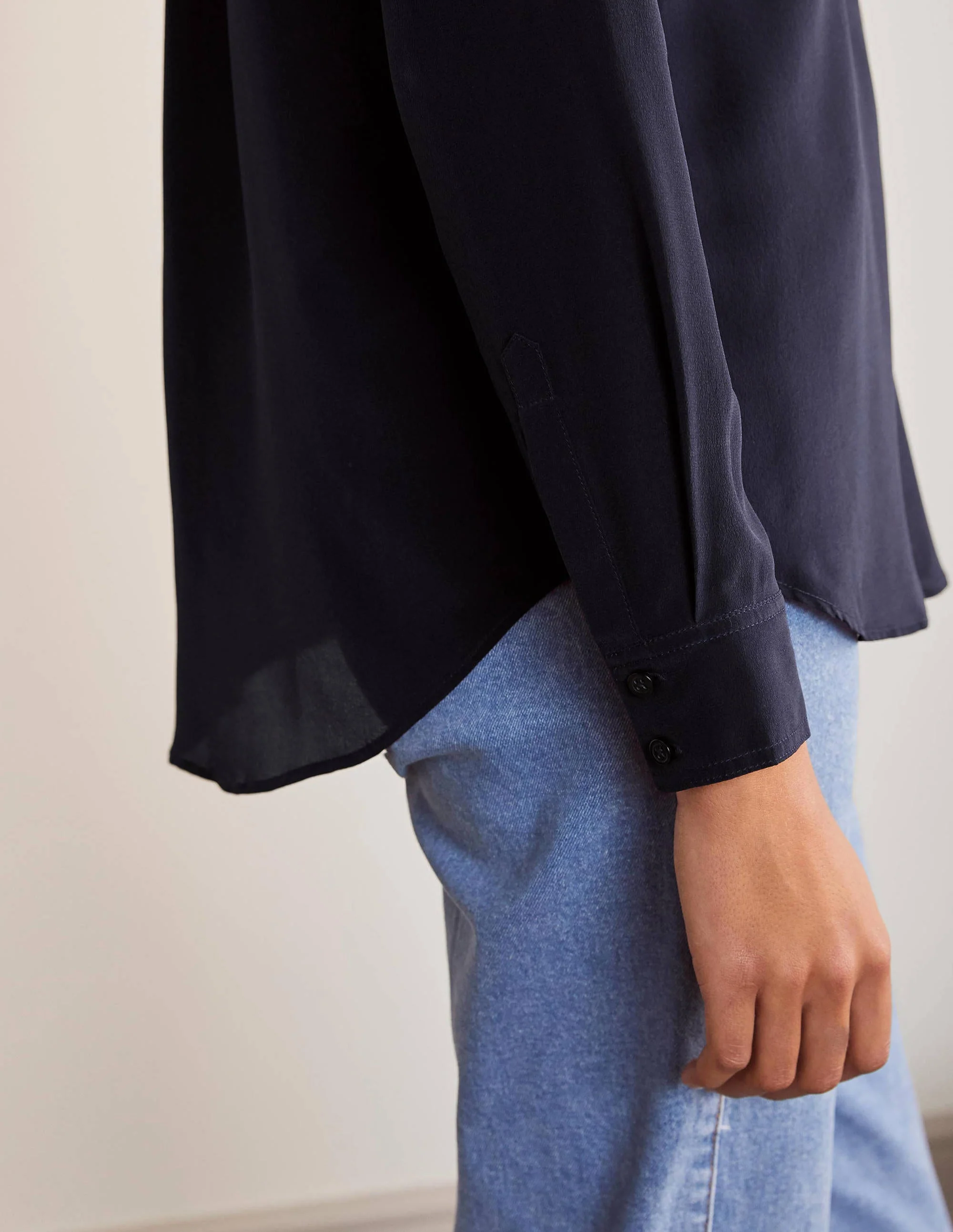 Silk Collarless Blouse-Navy - Image 3