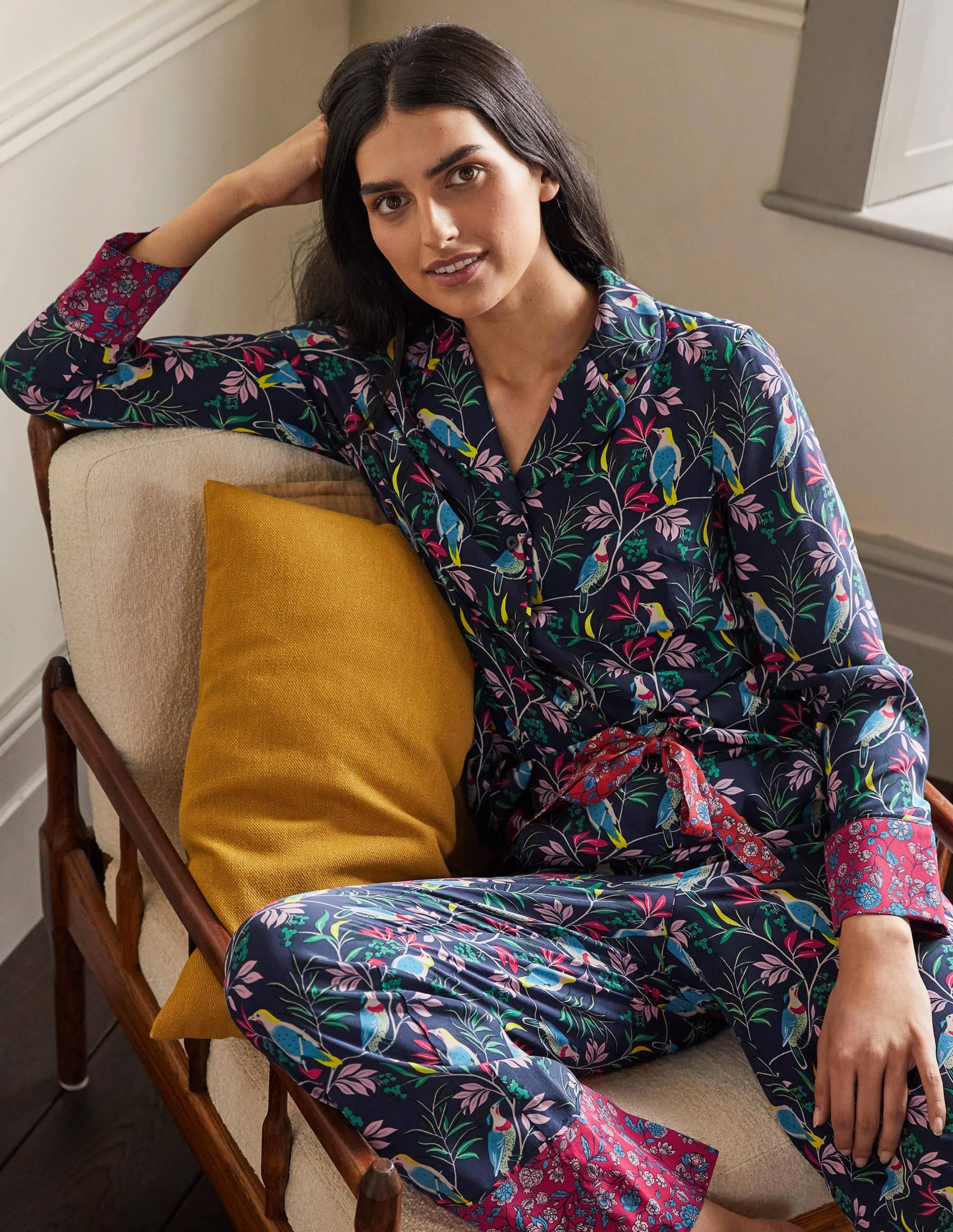 Silk Pajama Set-Navy, Berry Bird - Image 3