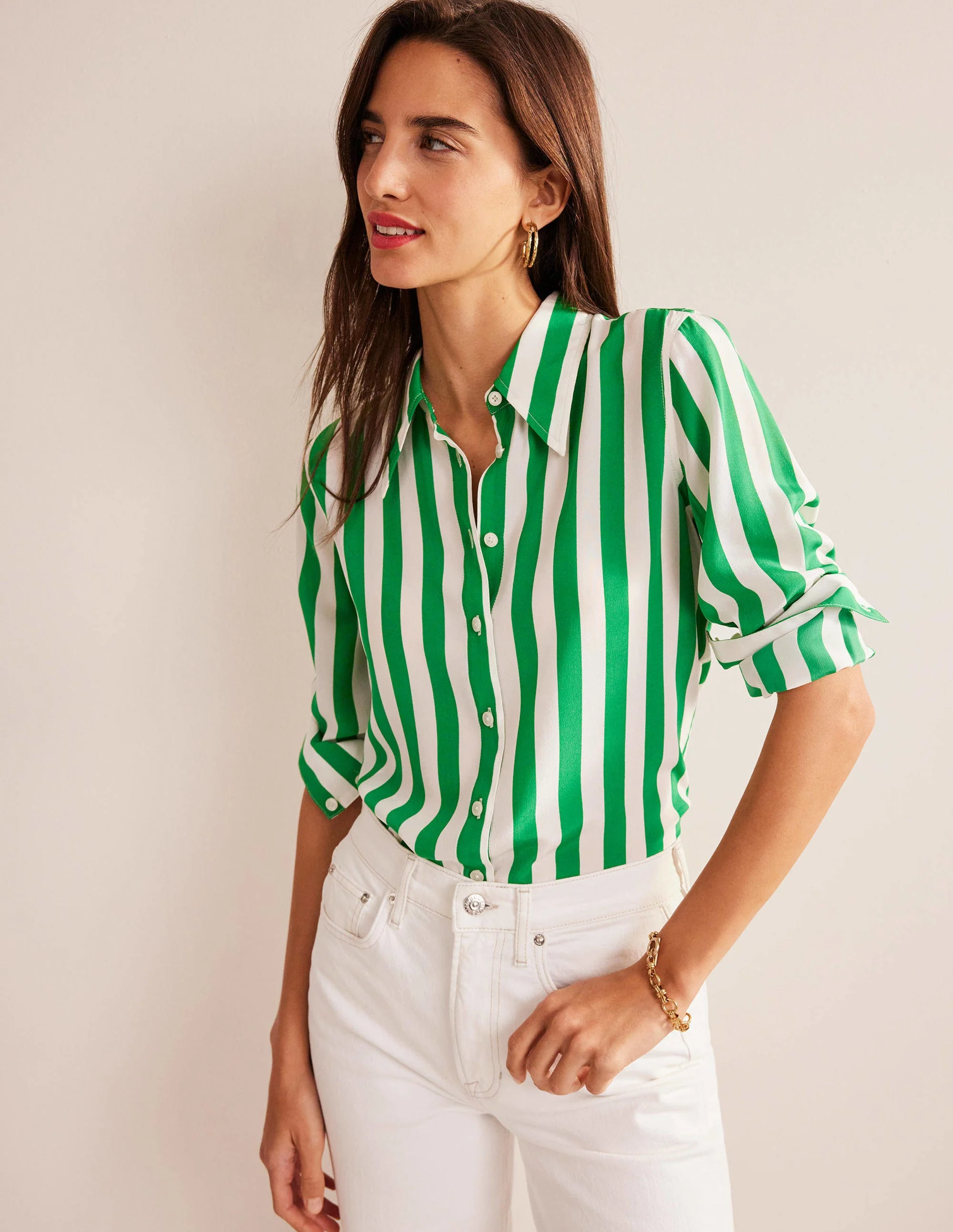 Silk Shirt-Rich Emerald and Ivory Stripe - Image 4