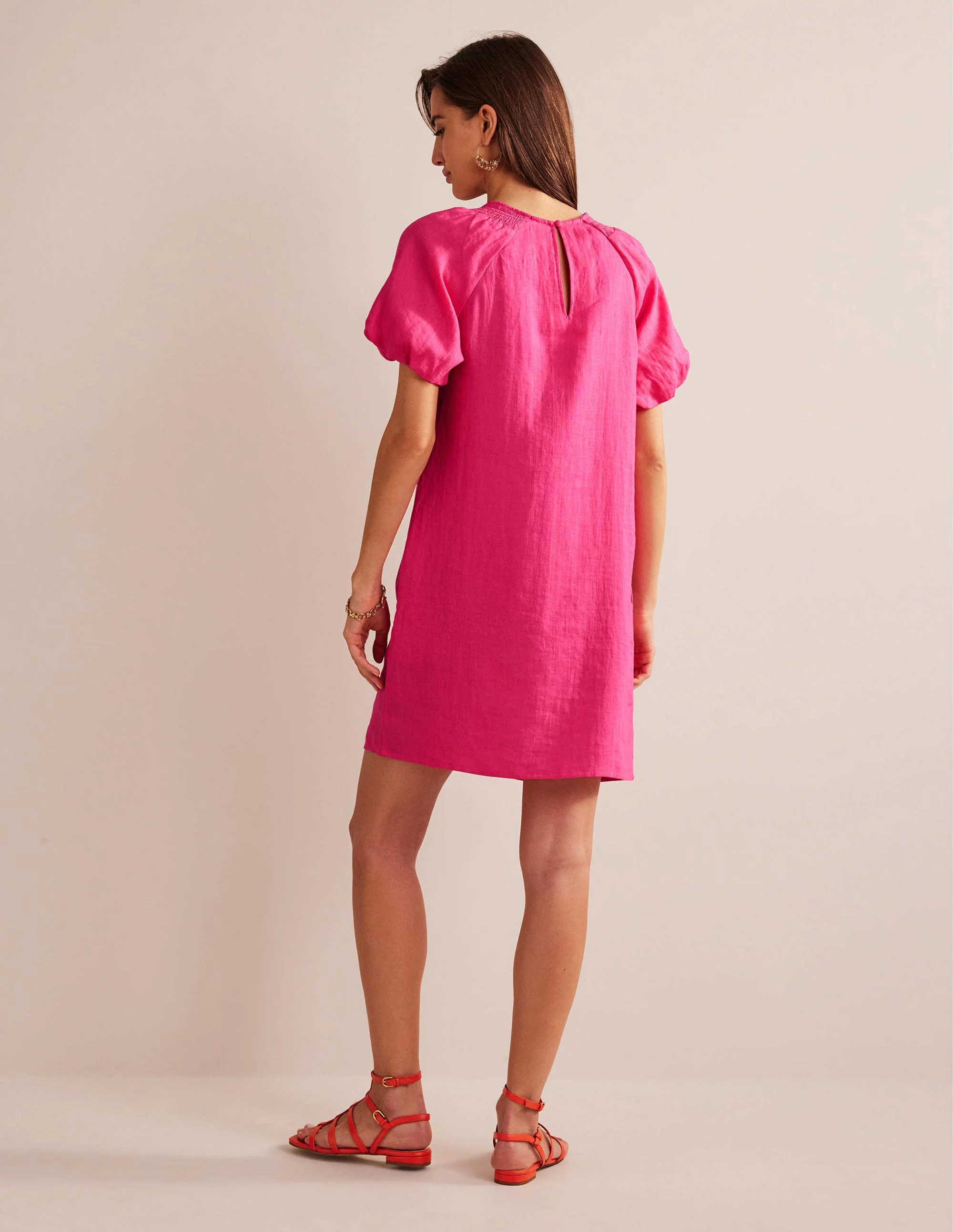 Sleeve Detail Linen Mini Dress-Festival Pink - Image 3