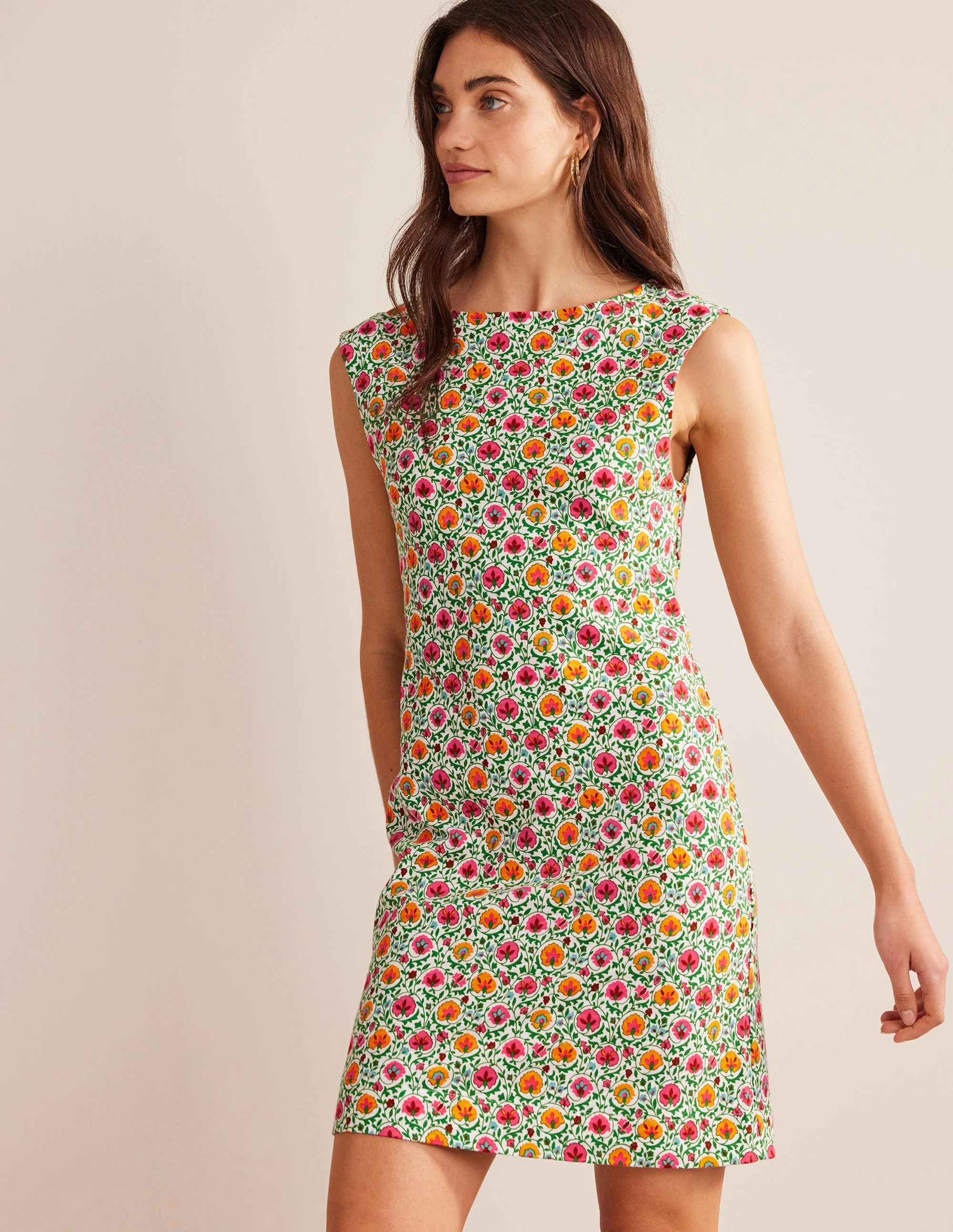 Sleeveless Jersey Shift Dress-Green, Enchanting Bloom