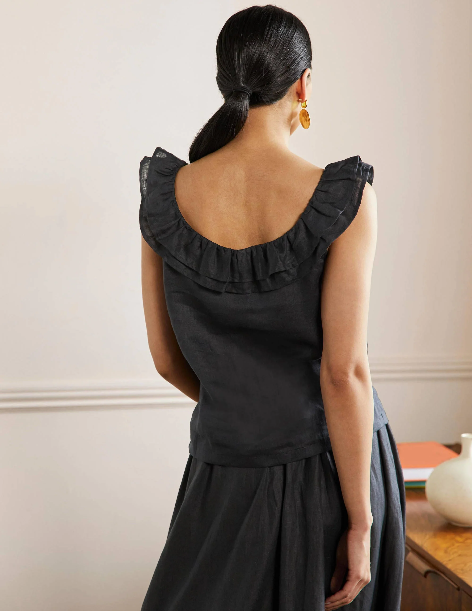 Sleeveless Ruffle Linen Top-Black - Image 3