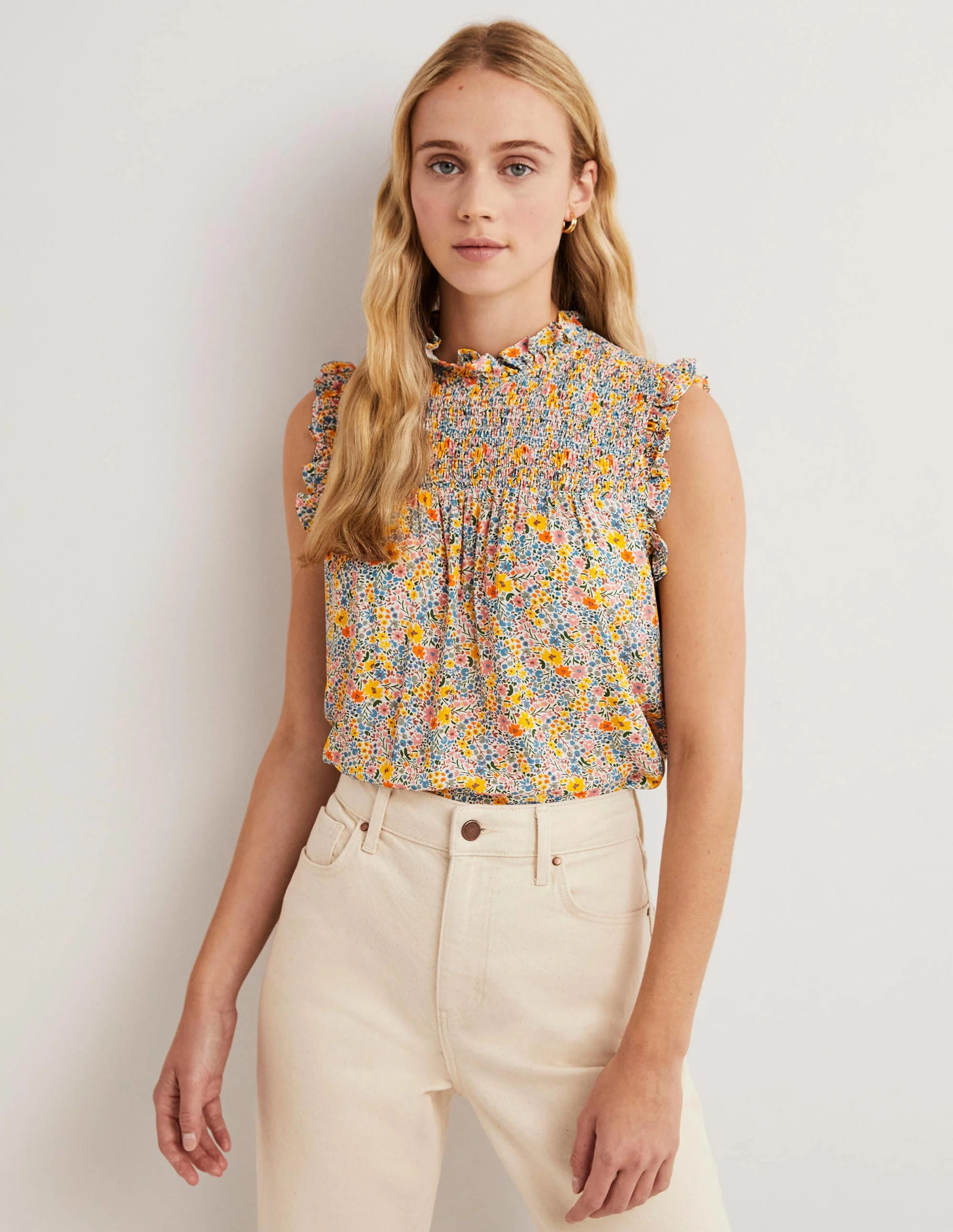 Sleeveless Smocked Top-Ivory, Abstract Ditsy
