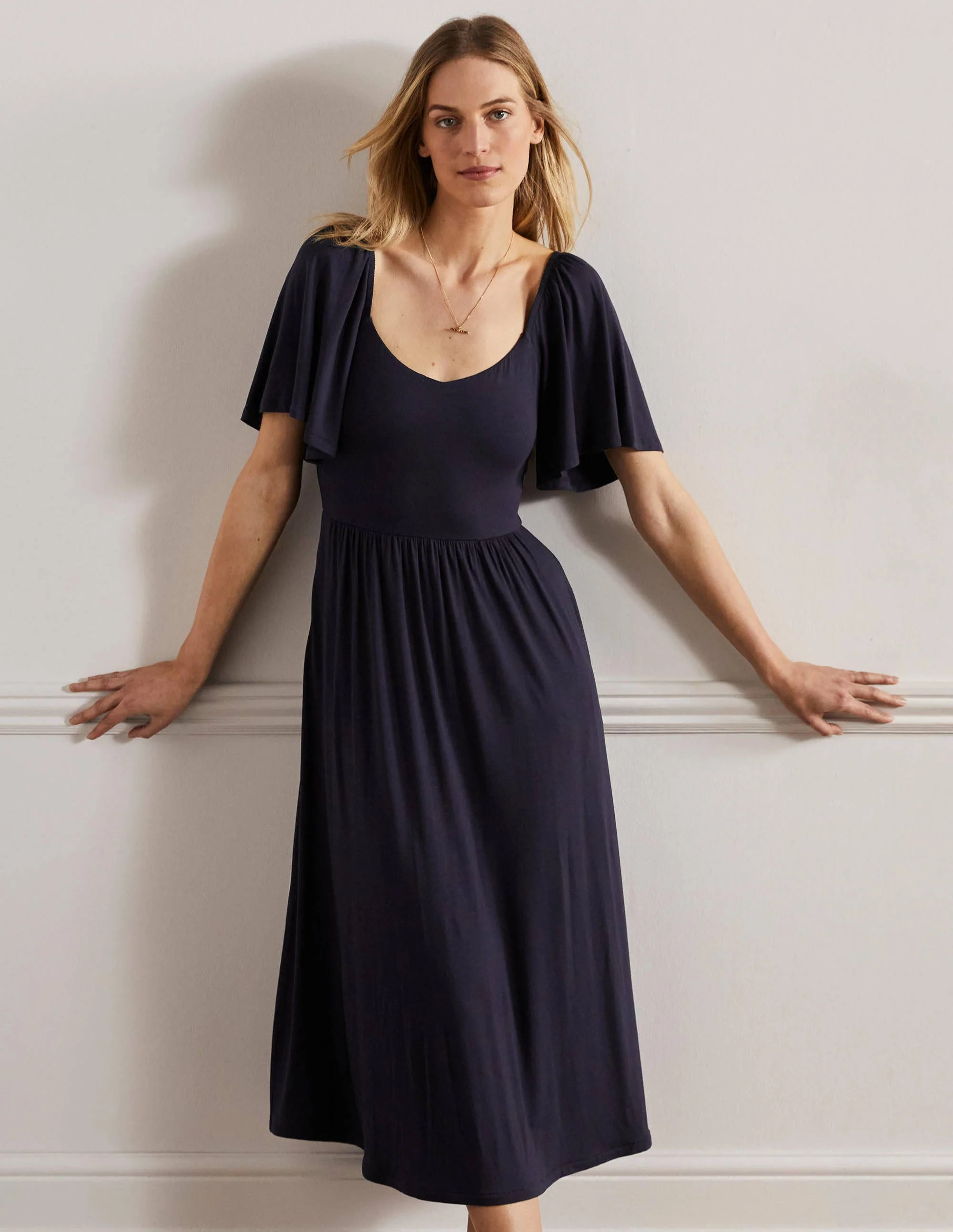 Smock Detail Jersey Maxi Dress-Navy