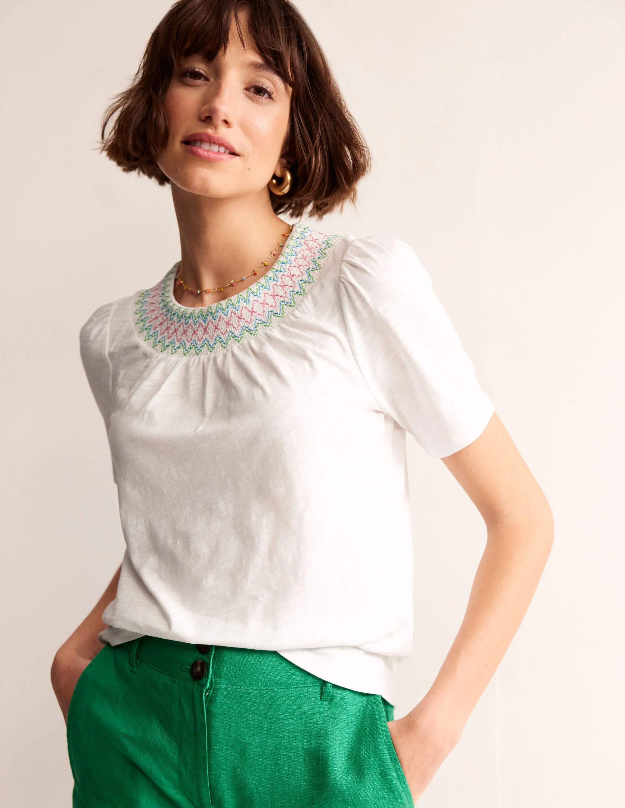 Smock Neck Puff Sleeve Top-White