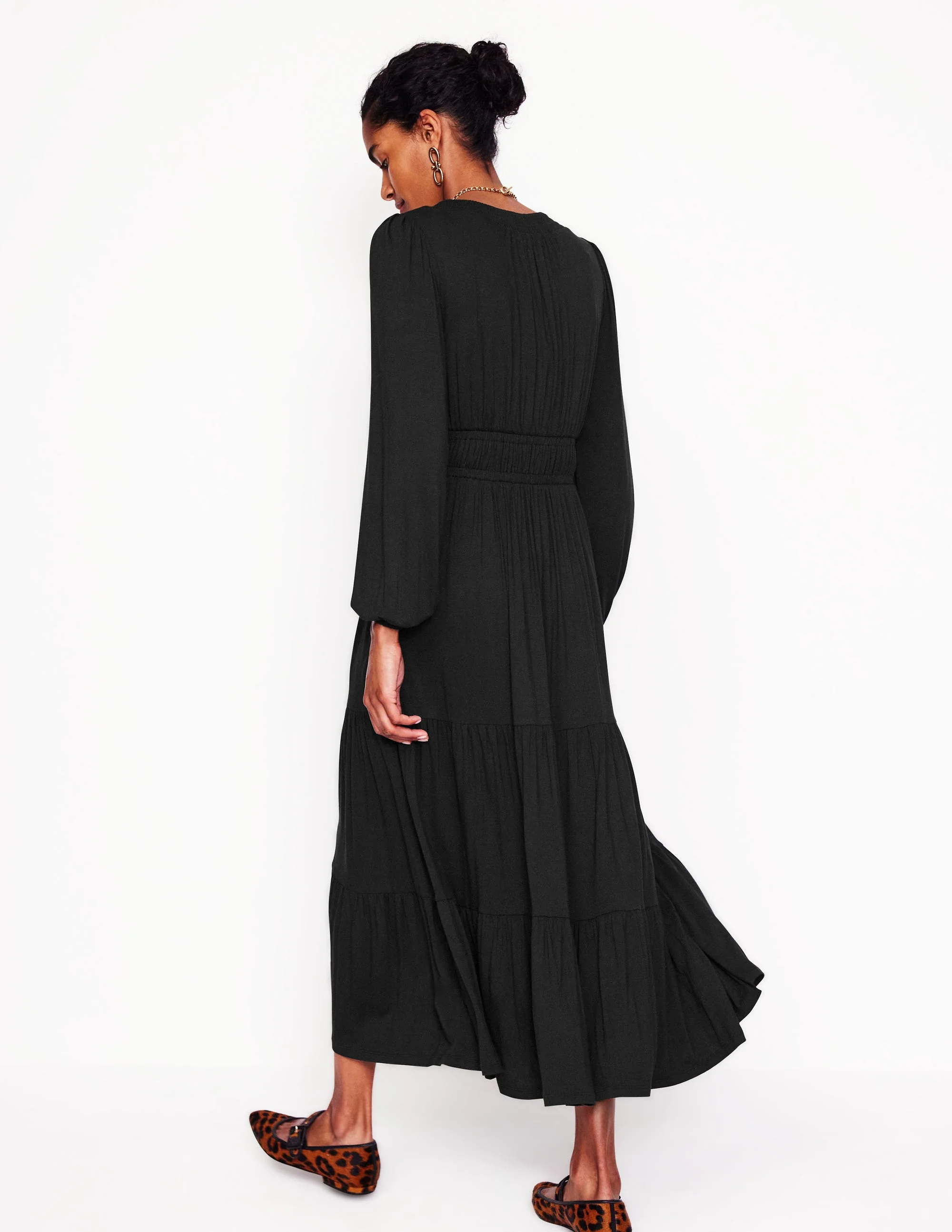 Smock Tiered Jersey Midi Dress-Black - Image 3