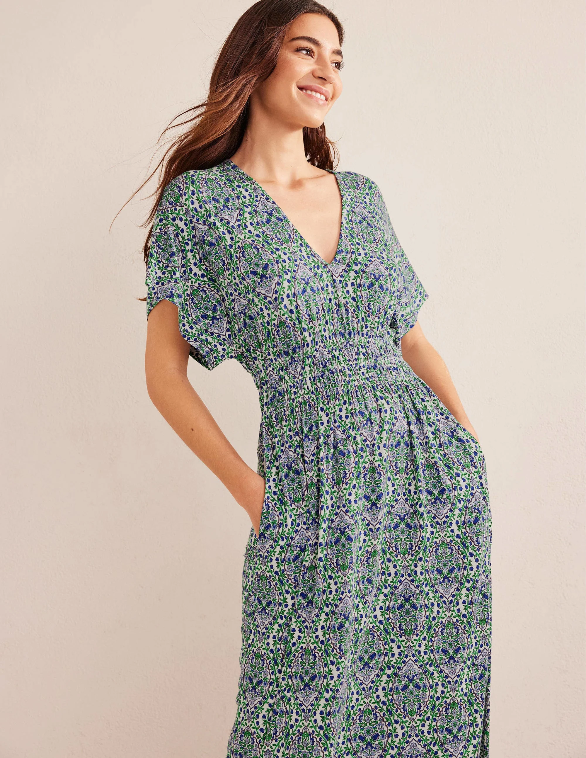 Smock Waist Jersey Maxi Dress-Linseed, Vine Terrace - Image 4