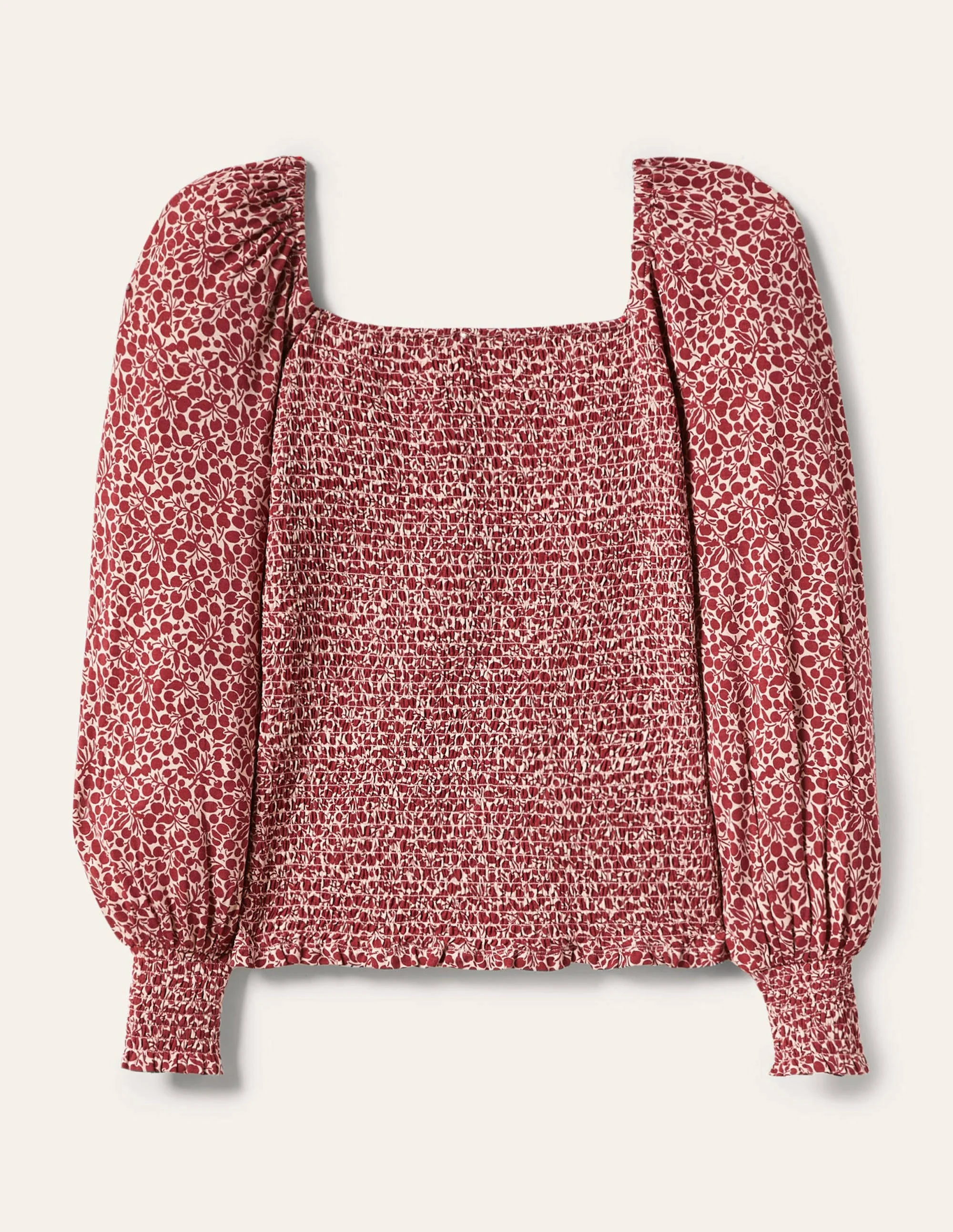 Smocked Bodice Blouson Top-Sumac Red, Flora Sprig - Image 6