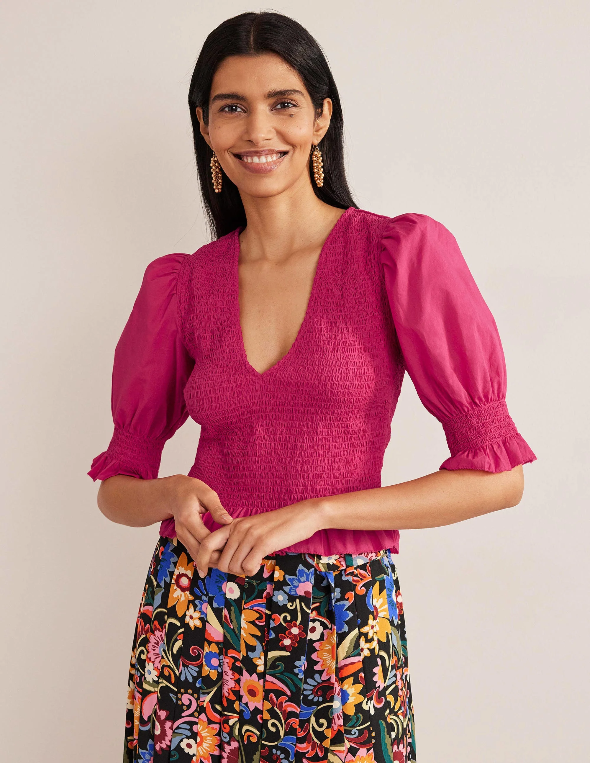 Smocked Bodice Crop Top-Virtual Pink