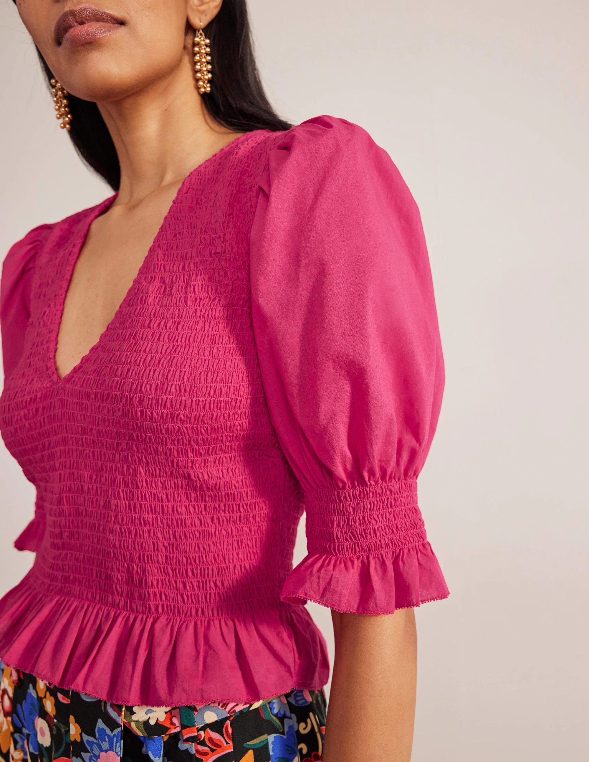 Smocked Bodice Crop Top-Virtual Pink - Image 2
