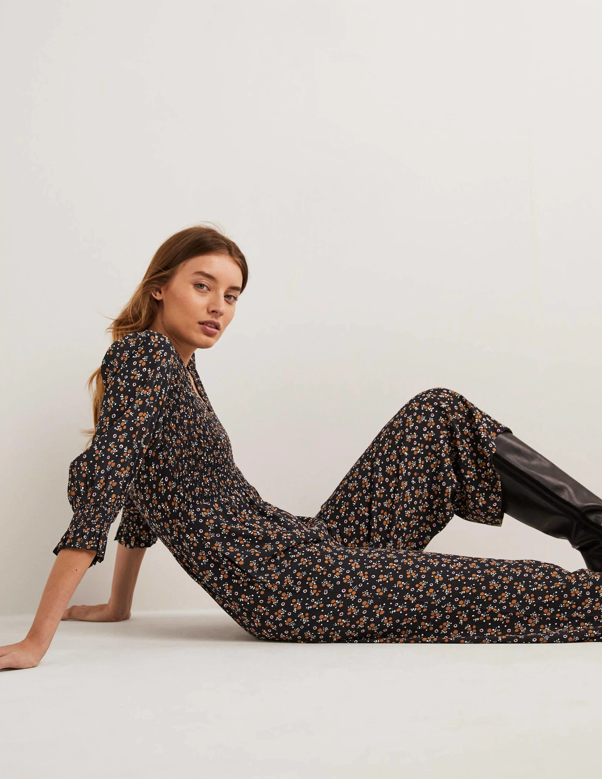 Smocked Bodice Jumpsuit-Black, Berry Sprig