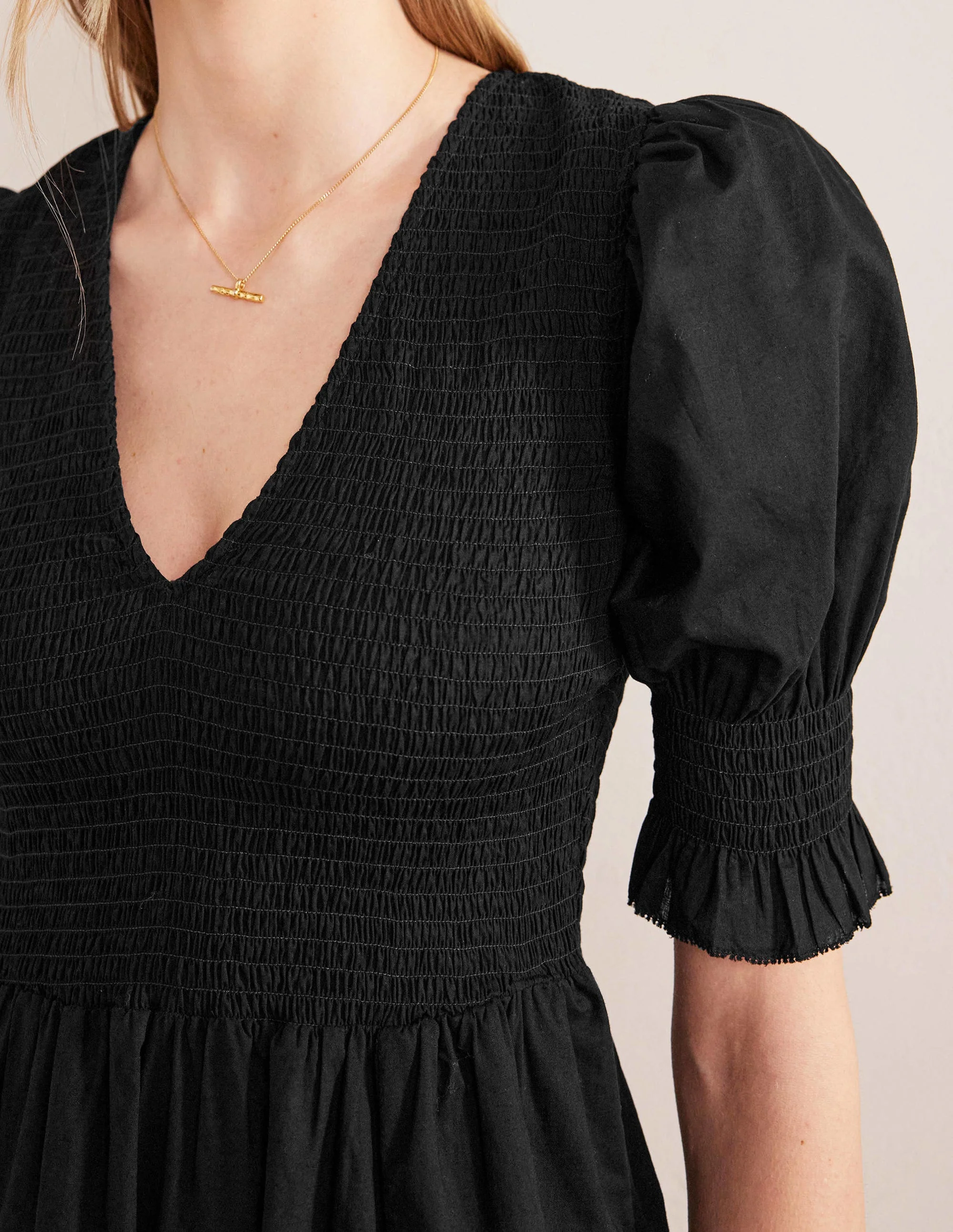 Smocked Bodice Midi Dress-Black - Image 2