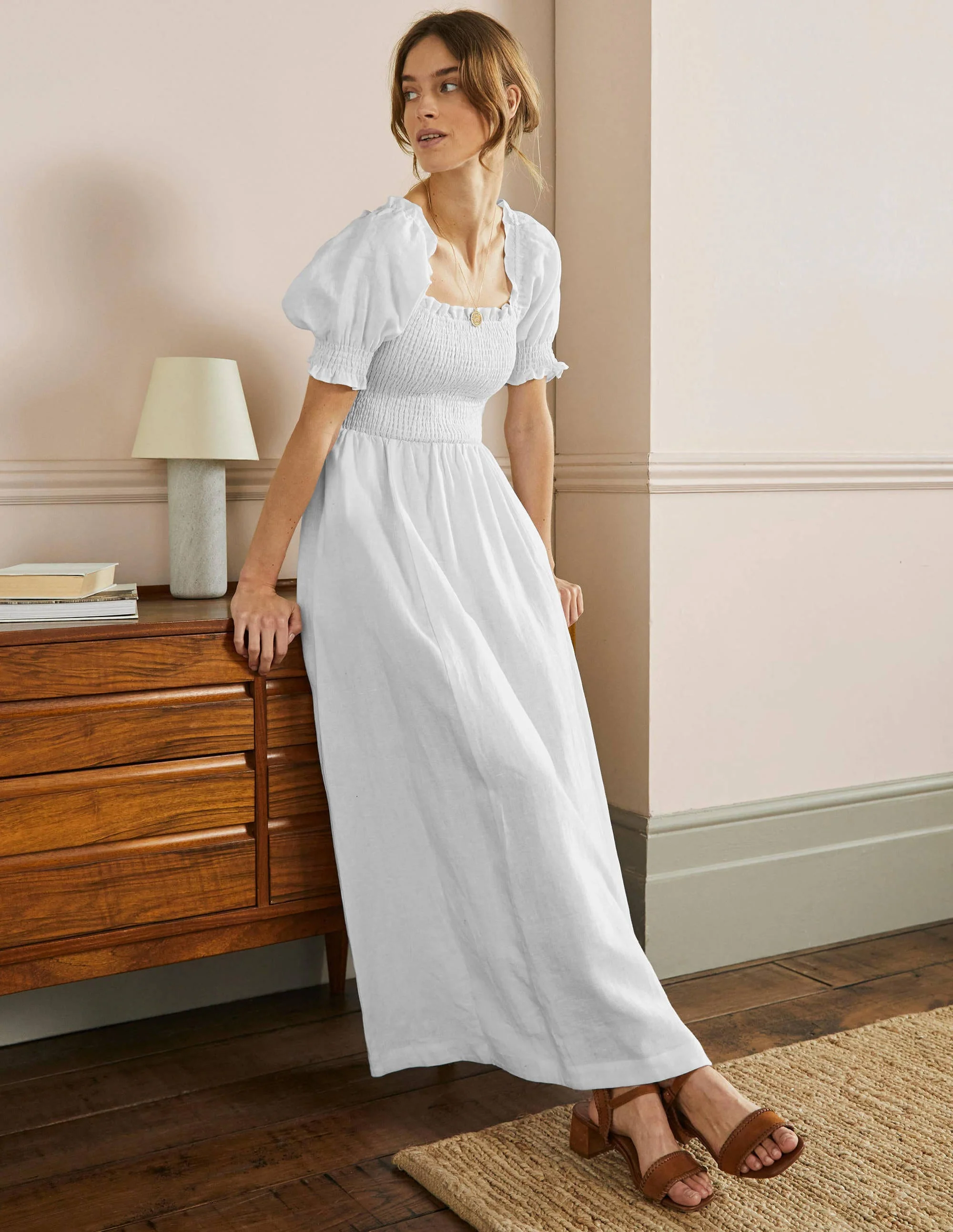 Smocked Bodice Midi Dress-White - Image 4