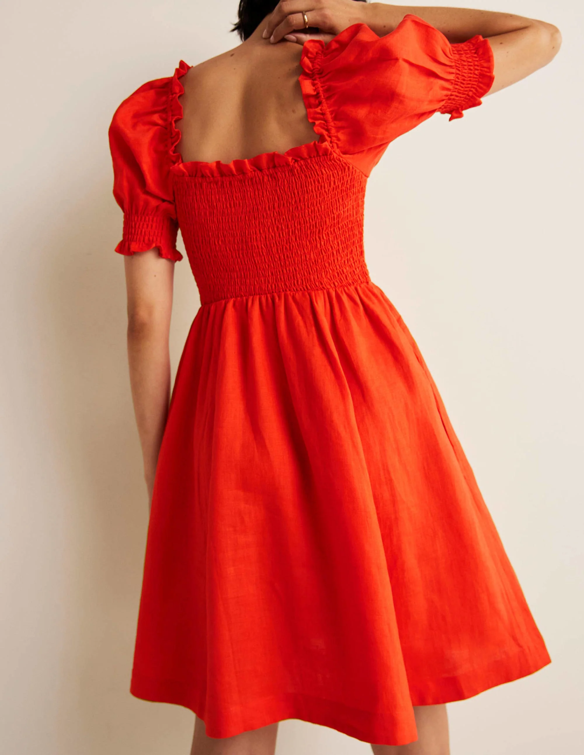 Smocked Bodice Mini Dress-Bright Papaya - Image 7
