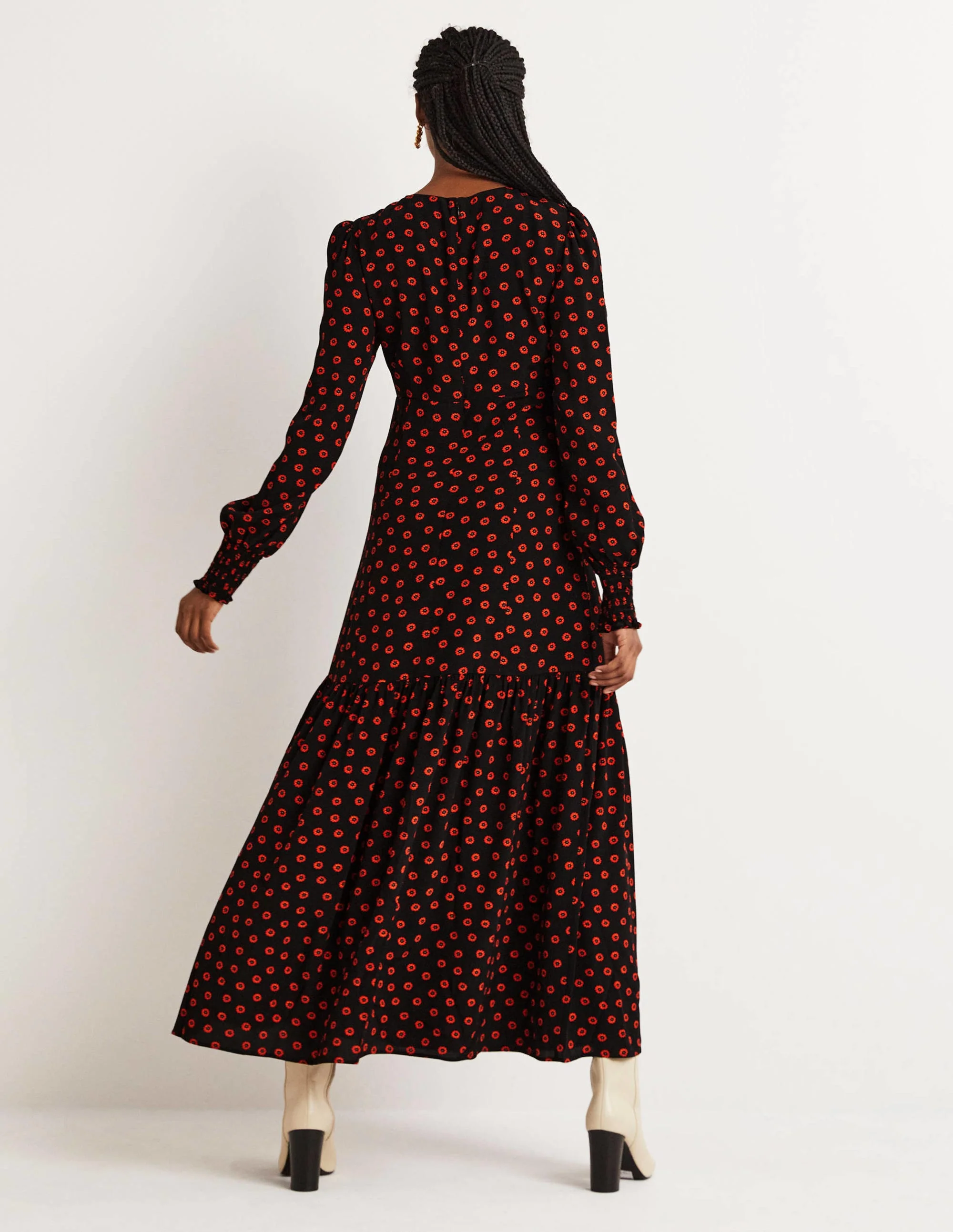 Smocked Cuff Maxi Tier Dress-Black, Petunia Bud - Image 3
