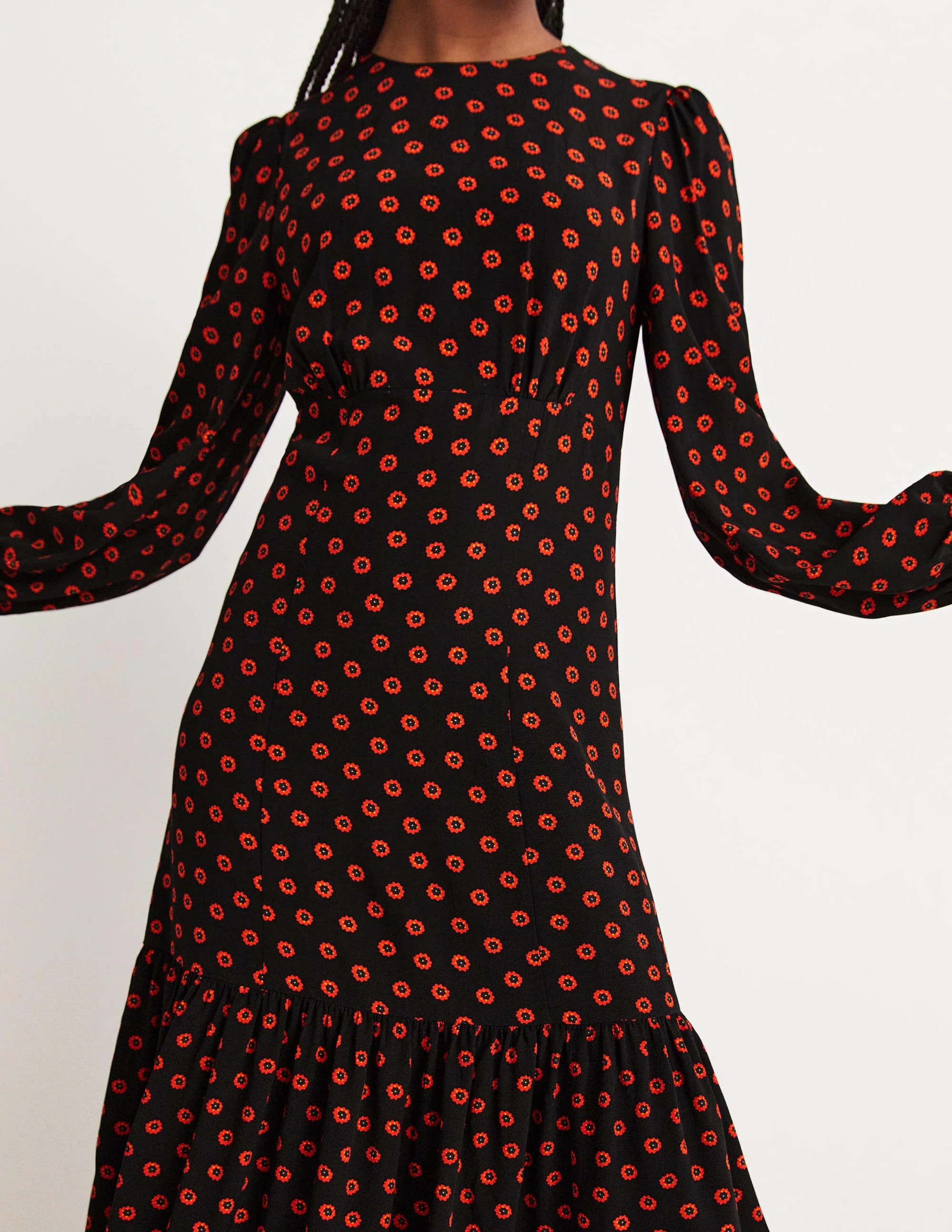 Smocked Cuff Maxi Tier Dress-Black, Petunia Bud - Image 4