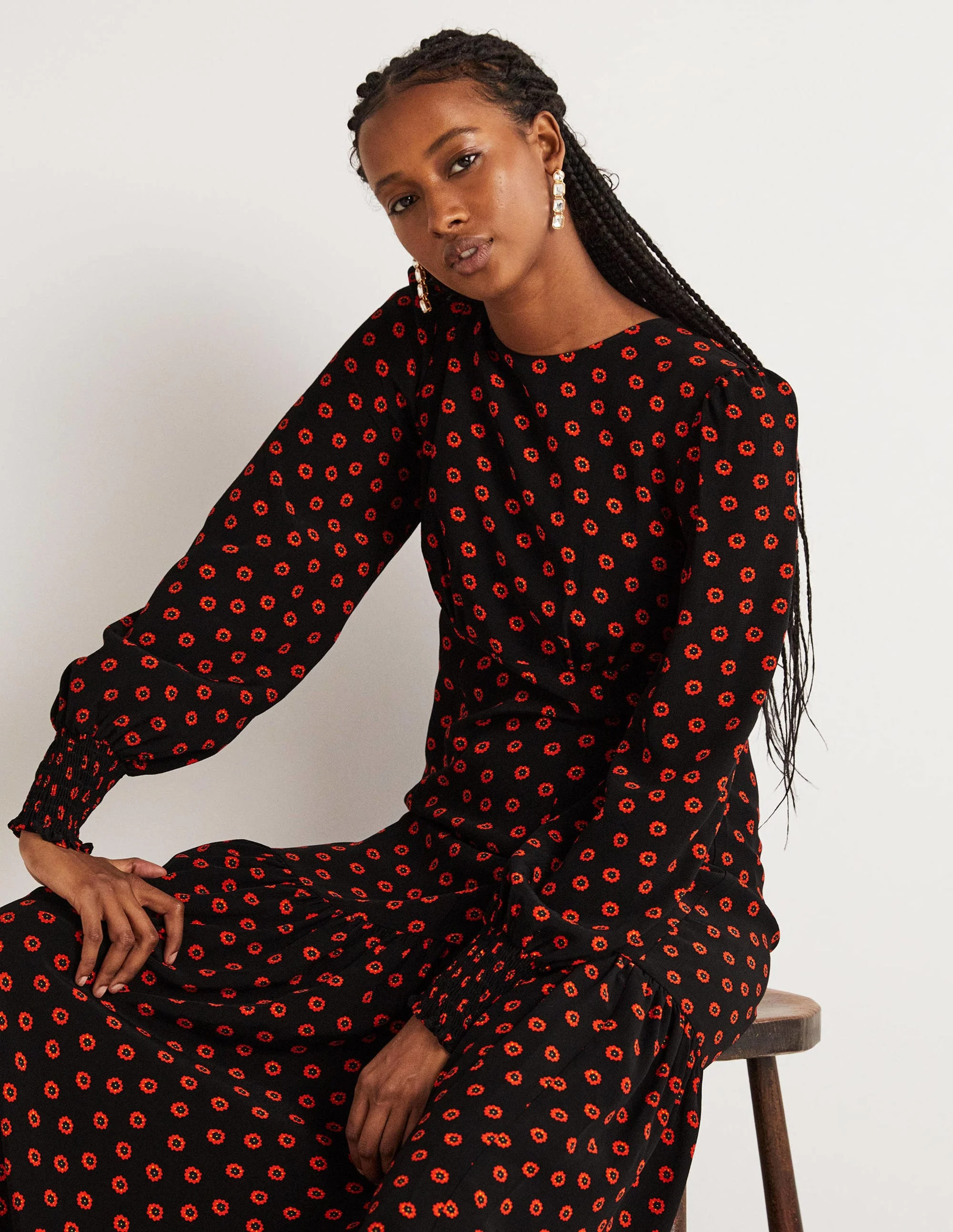 Smocked Cuff Maxi Tier Dress-Black, Petunia Bud - Image 5