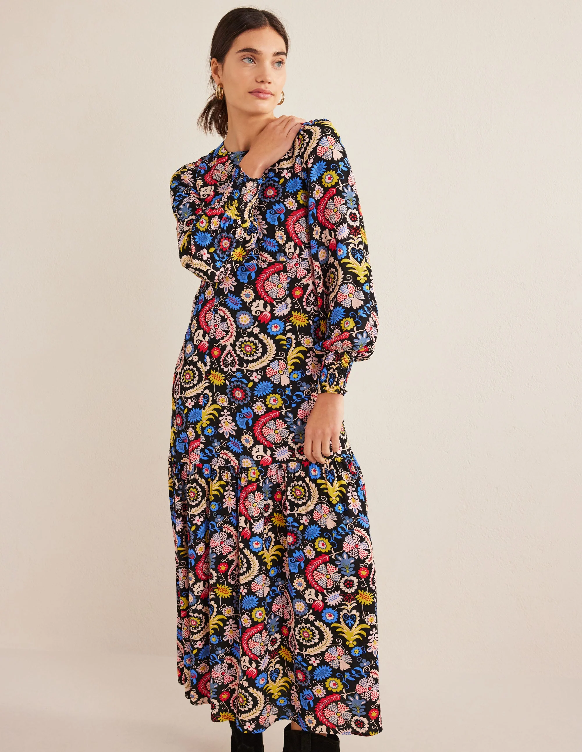 Smocked Cuff Maxi Tier Dress-Multi, Tropic Charm