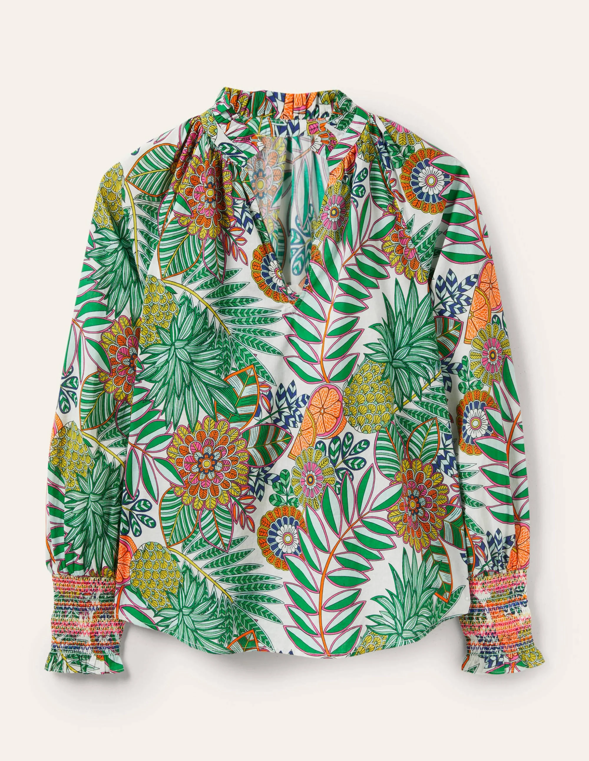 Smocked Cuff Printed Top-Ivory, Pineapple Bloom - Image 5