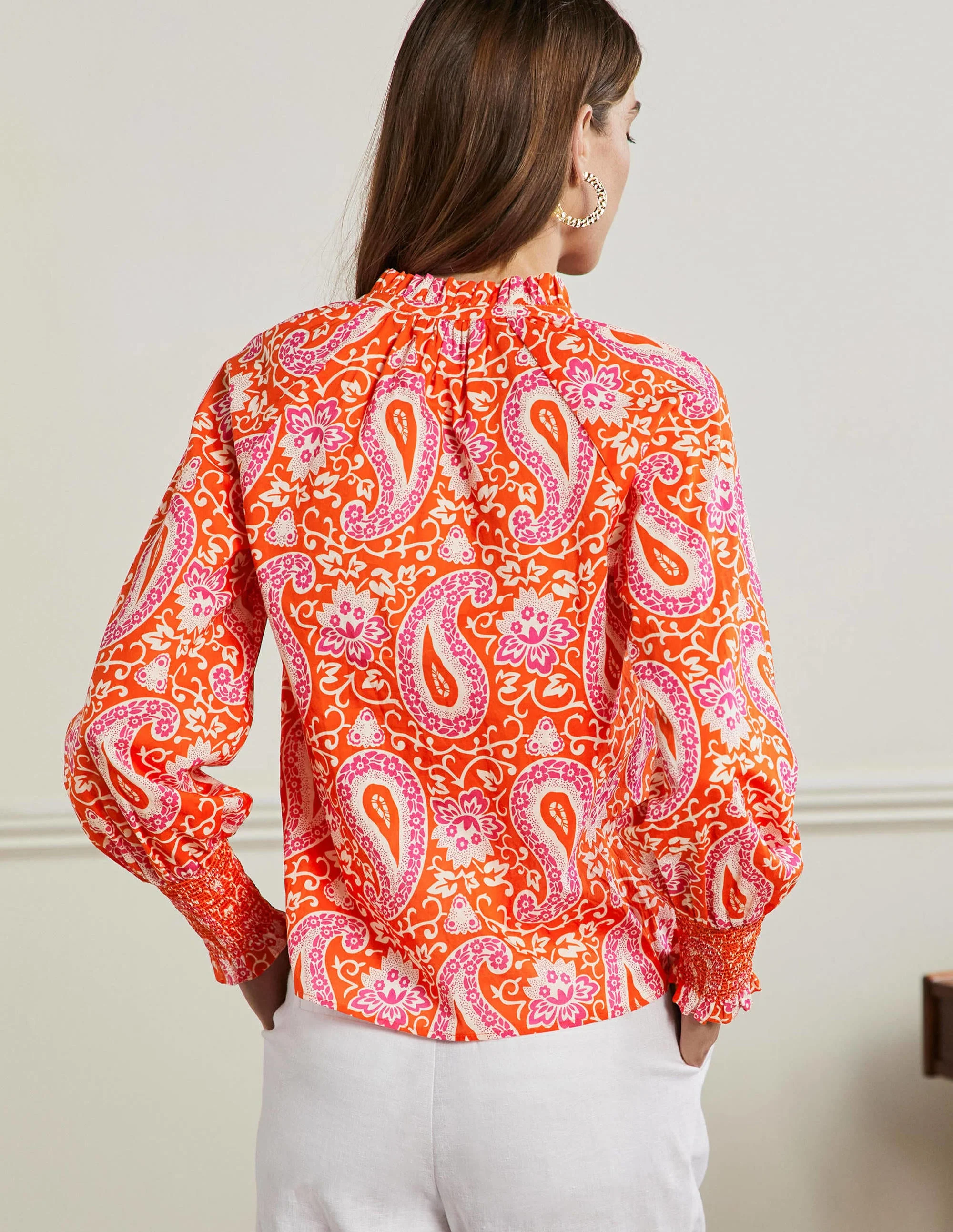 Smocked Cuff Printed Top-Papaya, Enchanting Paisley - Image 3