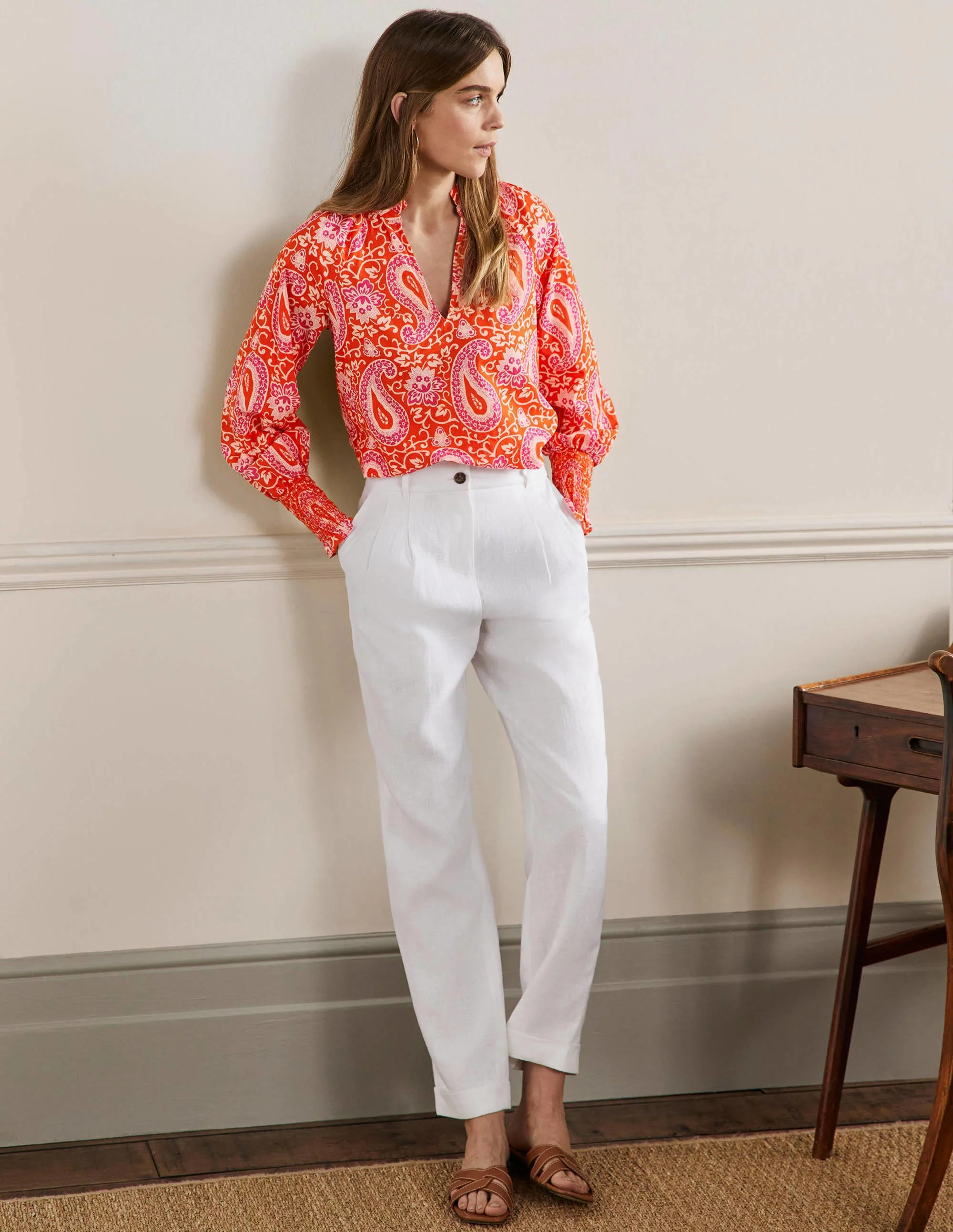 Smocked Cuff Printed Top-Papaya, Enchanting Paisley - Image 4